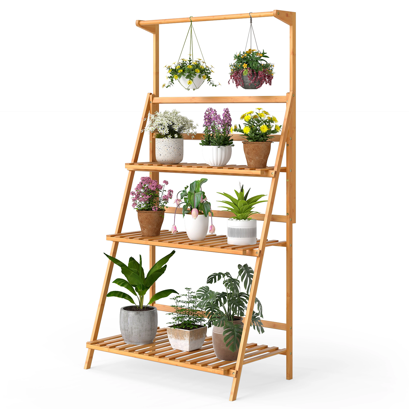 SlickBlue 3 Tier Wicker Plant Rack Foldable Ladder Stand with Adjustable Hanging Rod