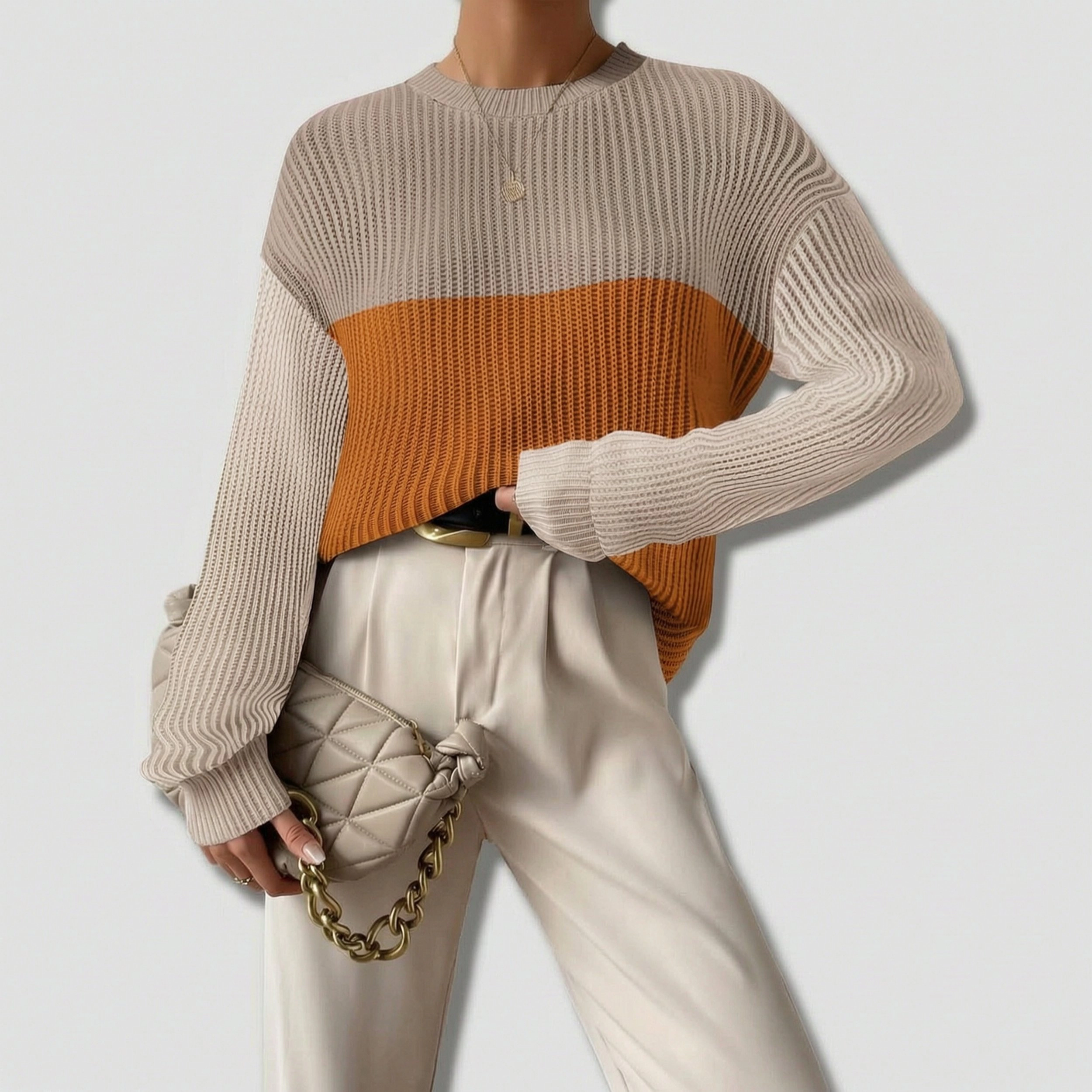 Zeagoo Women's Oversized Crew Neck Long Sleeve Color Block Rib Knit Pullover