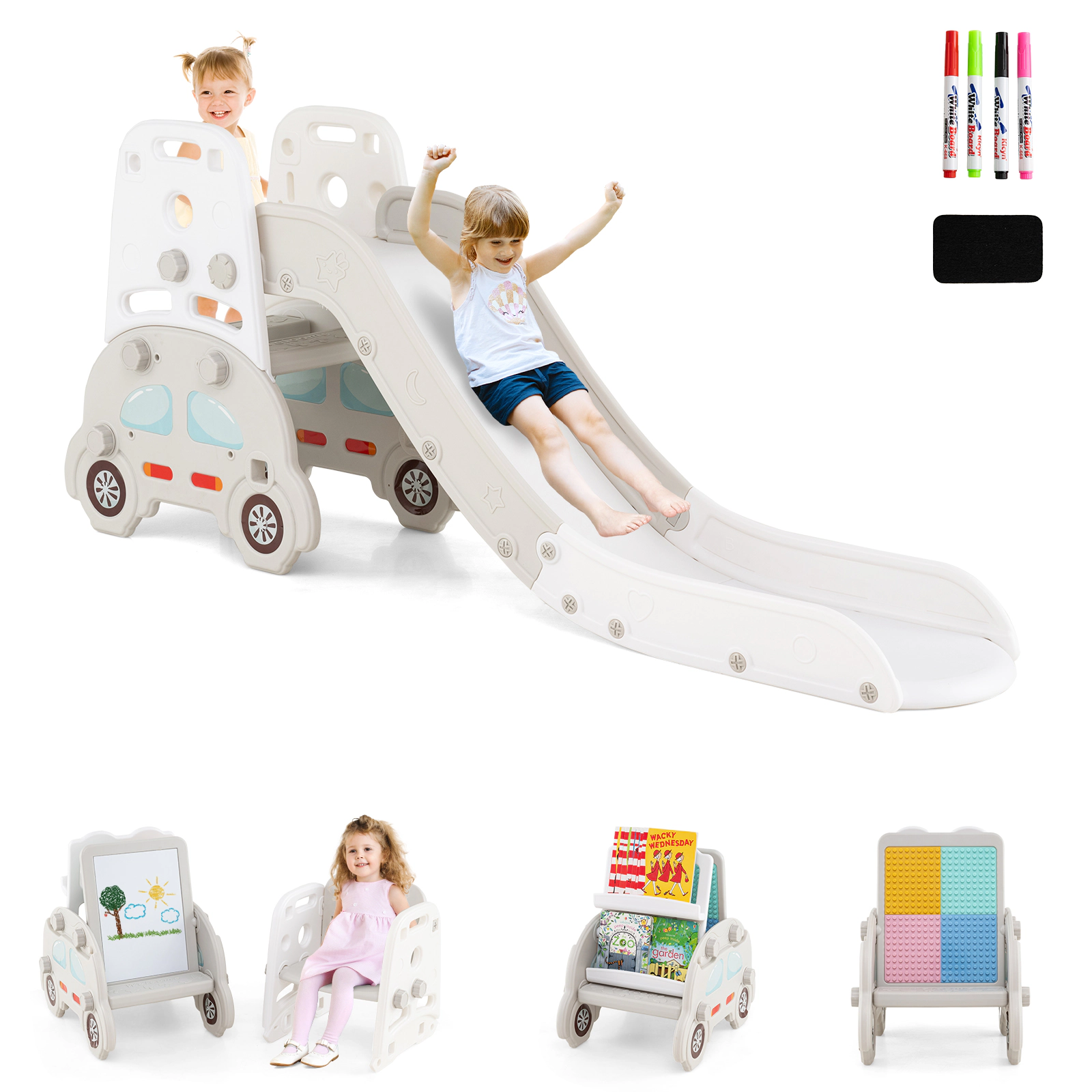 LJG 5 1 Convertible Toddler Slide Set Kids Art Easel with Stool and Book Rack