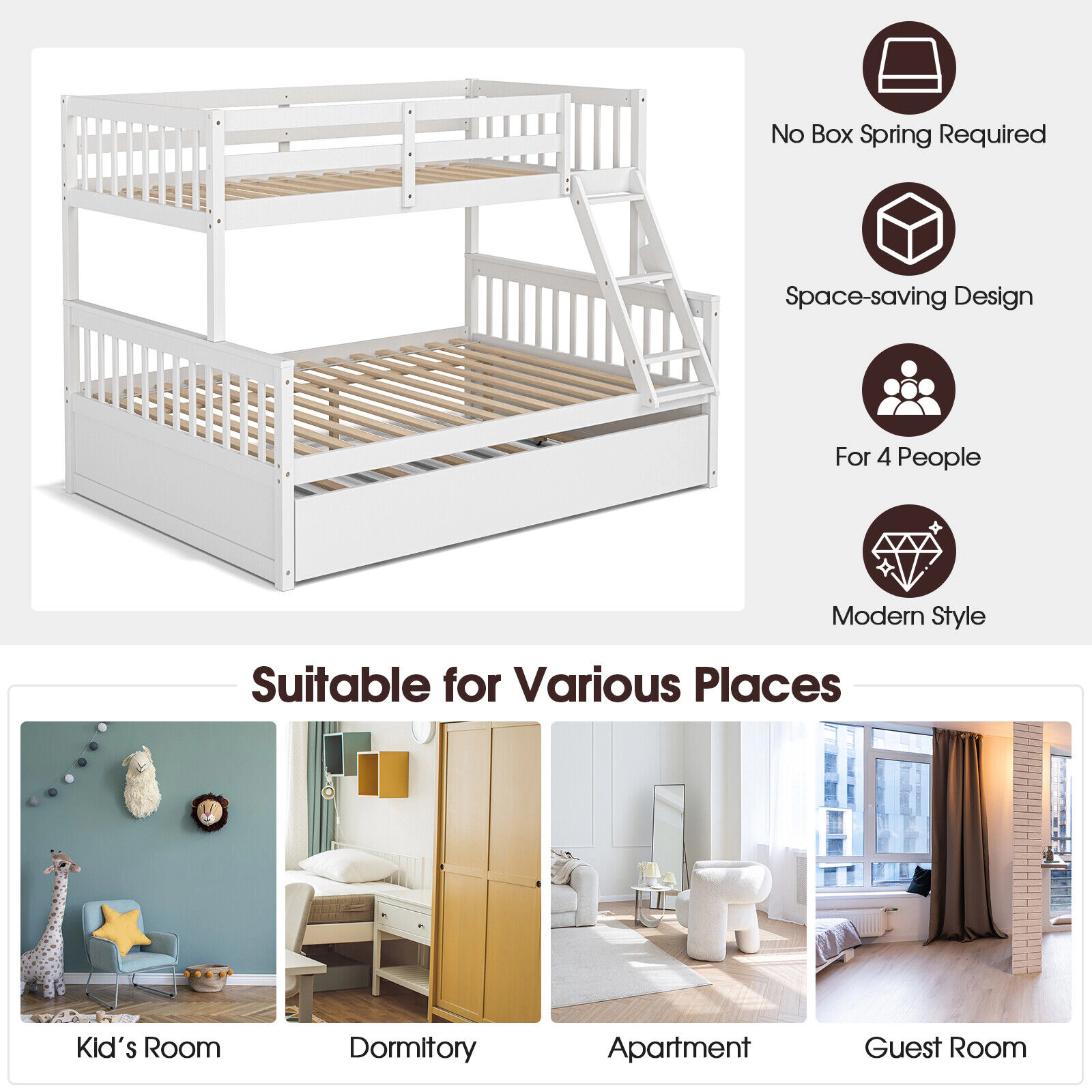 SUGIFT White Twin Over Full Solid Pine Convertible Bunk Bed with Twin Trundle Guardrails and 3-Step Ladder