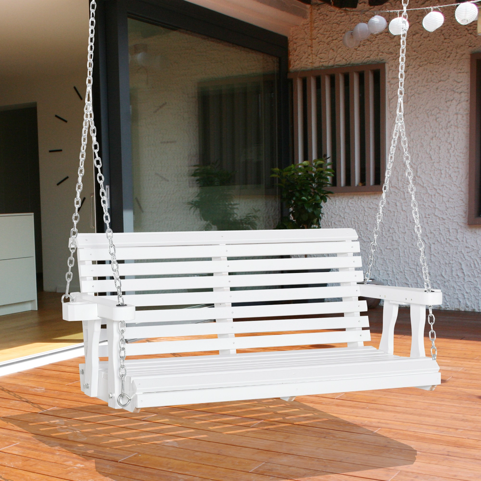 HONGGE 46" 2-Person Wooden Porch Swing Bench with Cup Holders, Slatted Design, Chains, 440lb Capacity