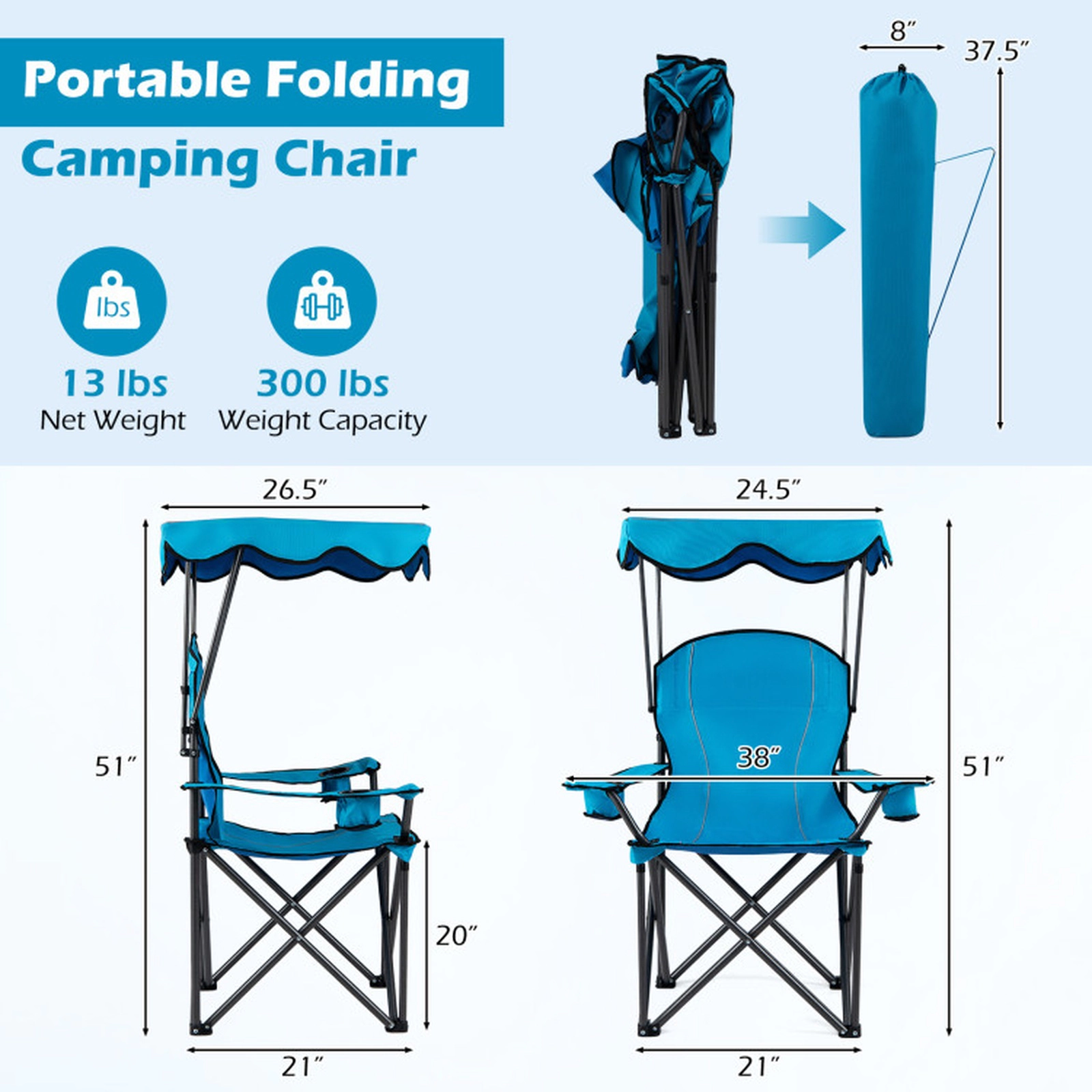 SUGIFT Light Blue Folding Beach Chair with Canopy and Cup Holders 38-in W 26.5-in D 51-in H 265-lb Seat Capacity