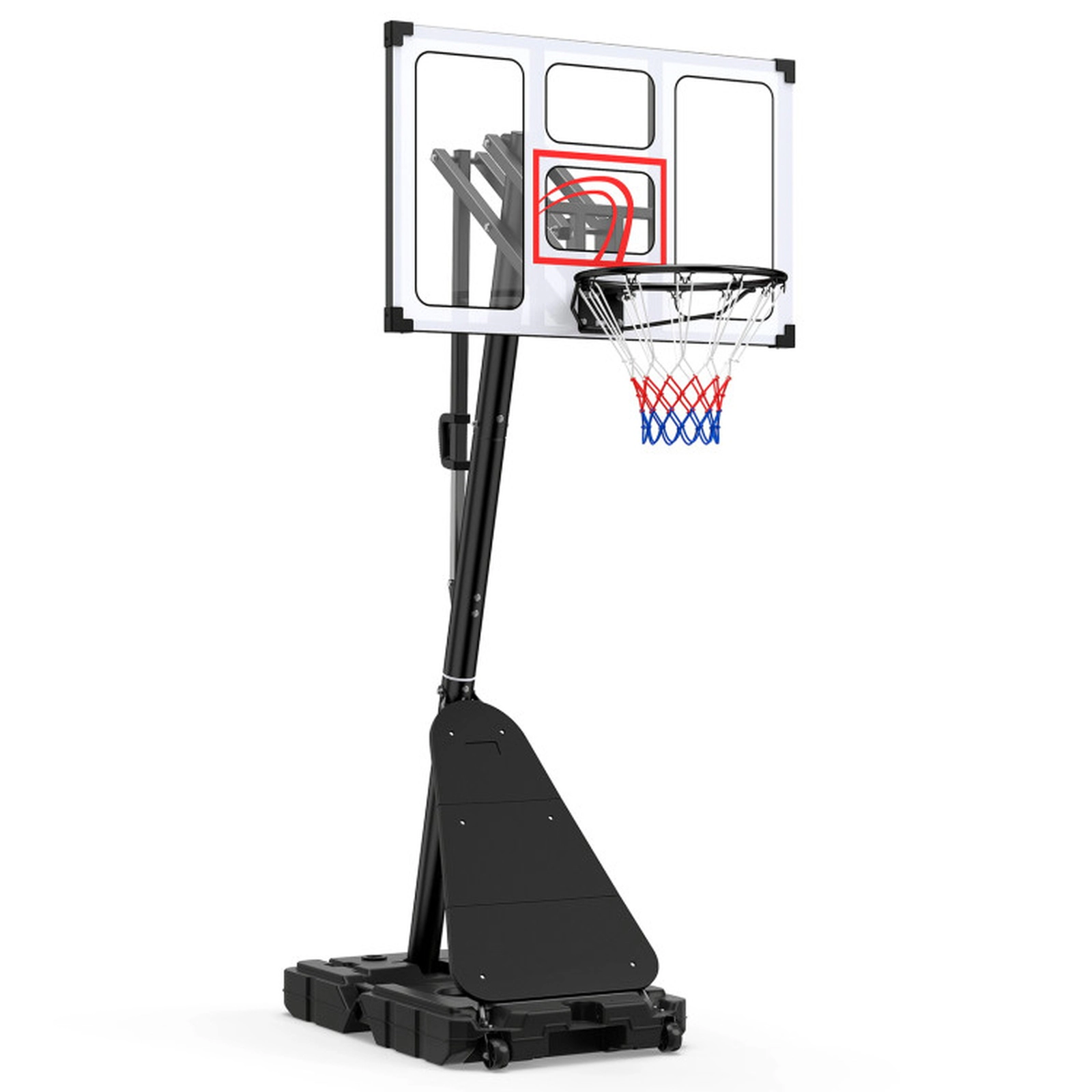 SUGIFT 4.9-10 ft Adjustable Basketball Hoop System with 43 x 27 in Backboard Fillable Base and Ball Storage Black