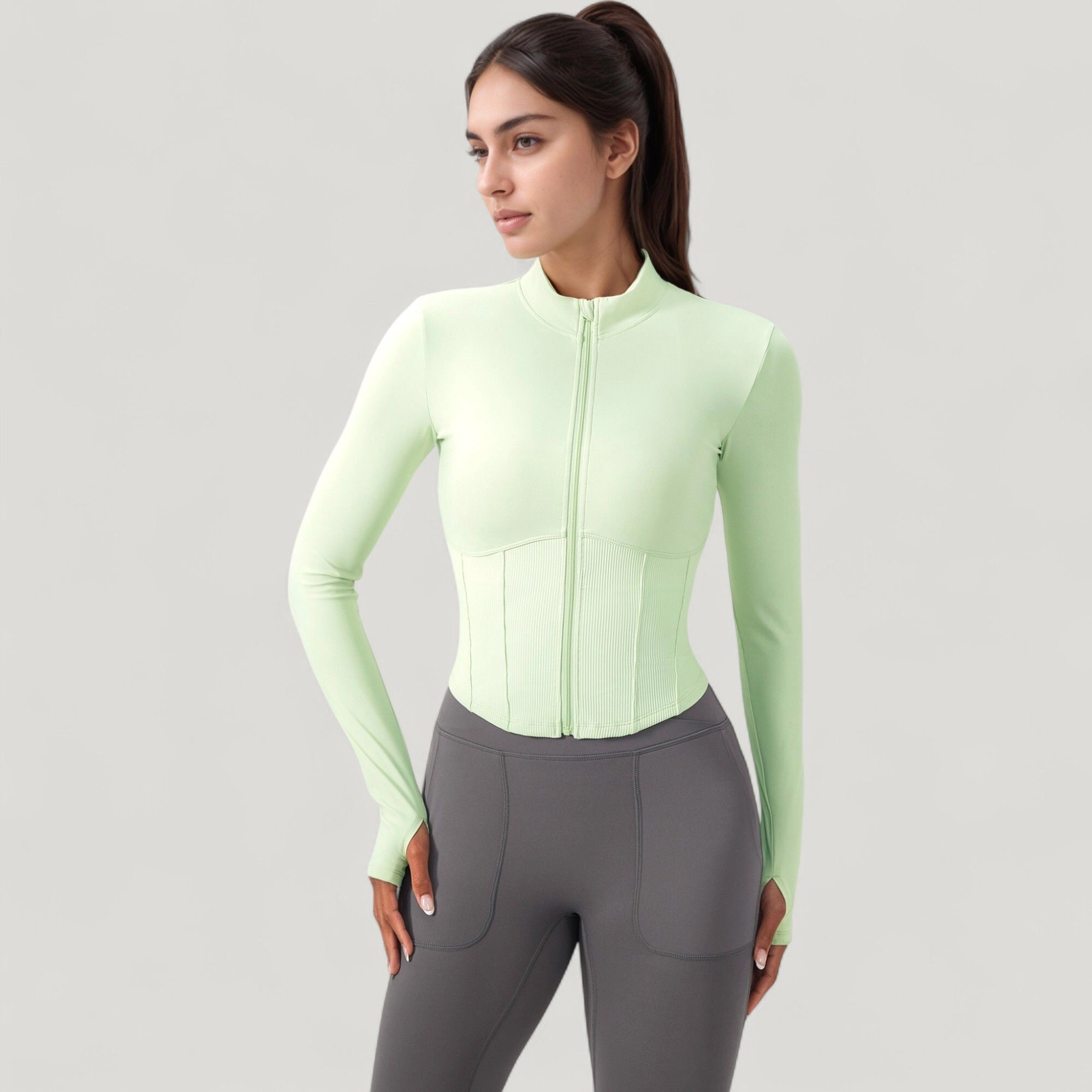 Anna-Kaci Women's Long Sleeve Zip-Up Cropped Active Jacket with Thumbhole Cuffs and Slim Fit Design