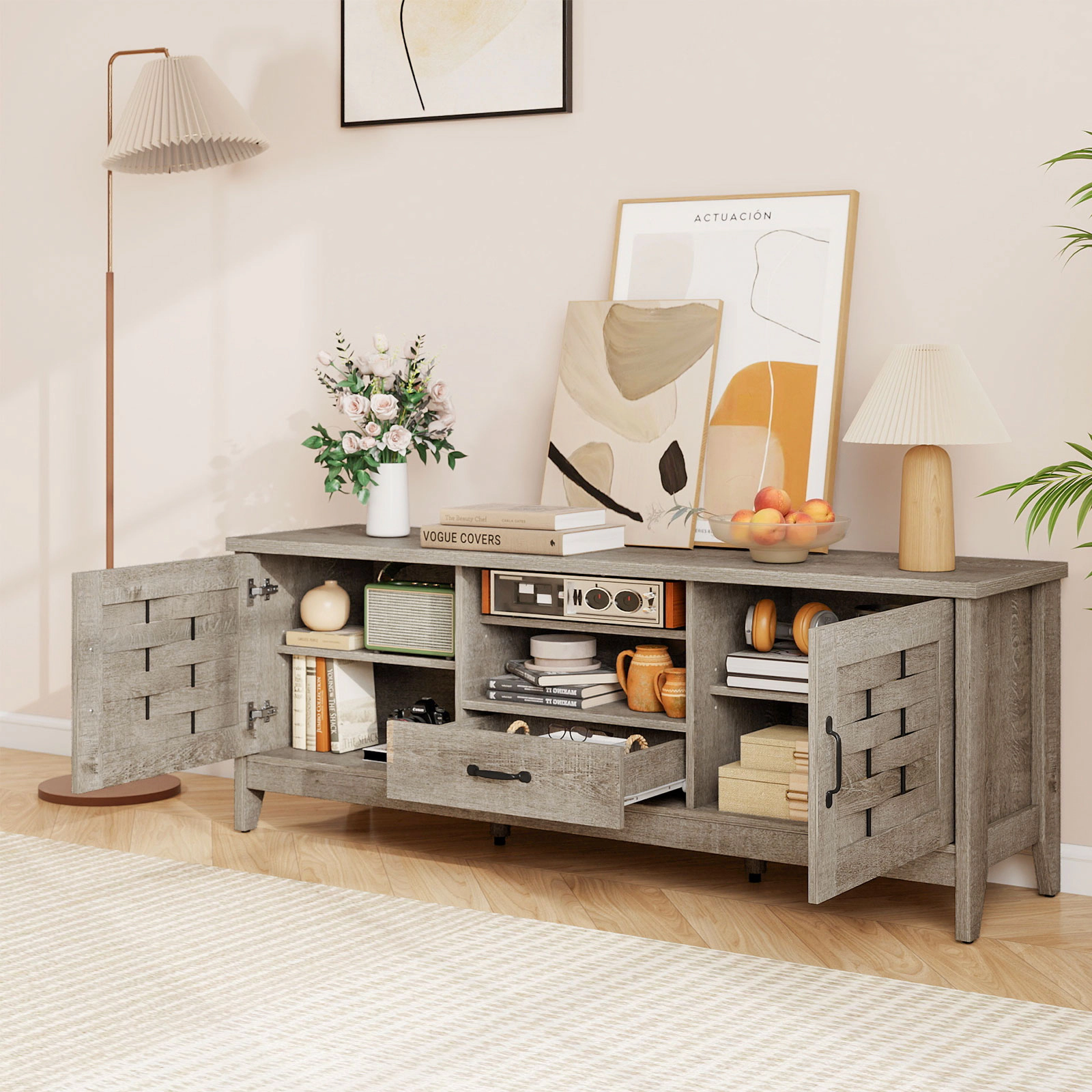 LJG Farmhouse TV Stand for 65 Inch TVs with 2 Woven Accent Doors and 3 Adjustable Shelves