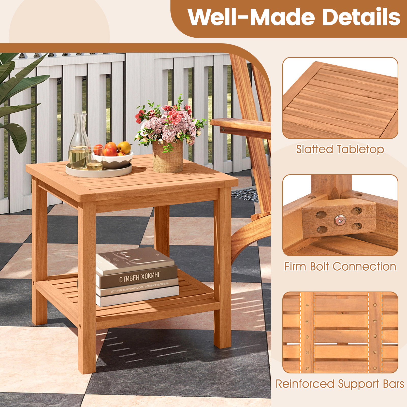 SUGIFT Acacia Wood Patio Side Table with Slatted Tabletop and Storage Shelf 165-lb Tabletop Capacity Natural