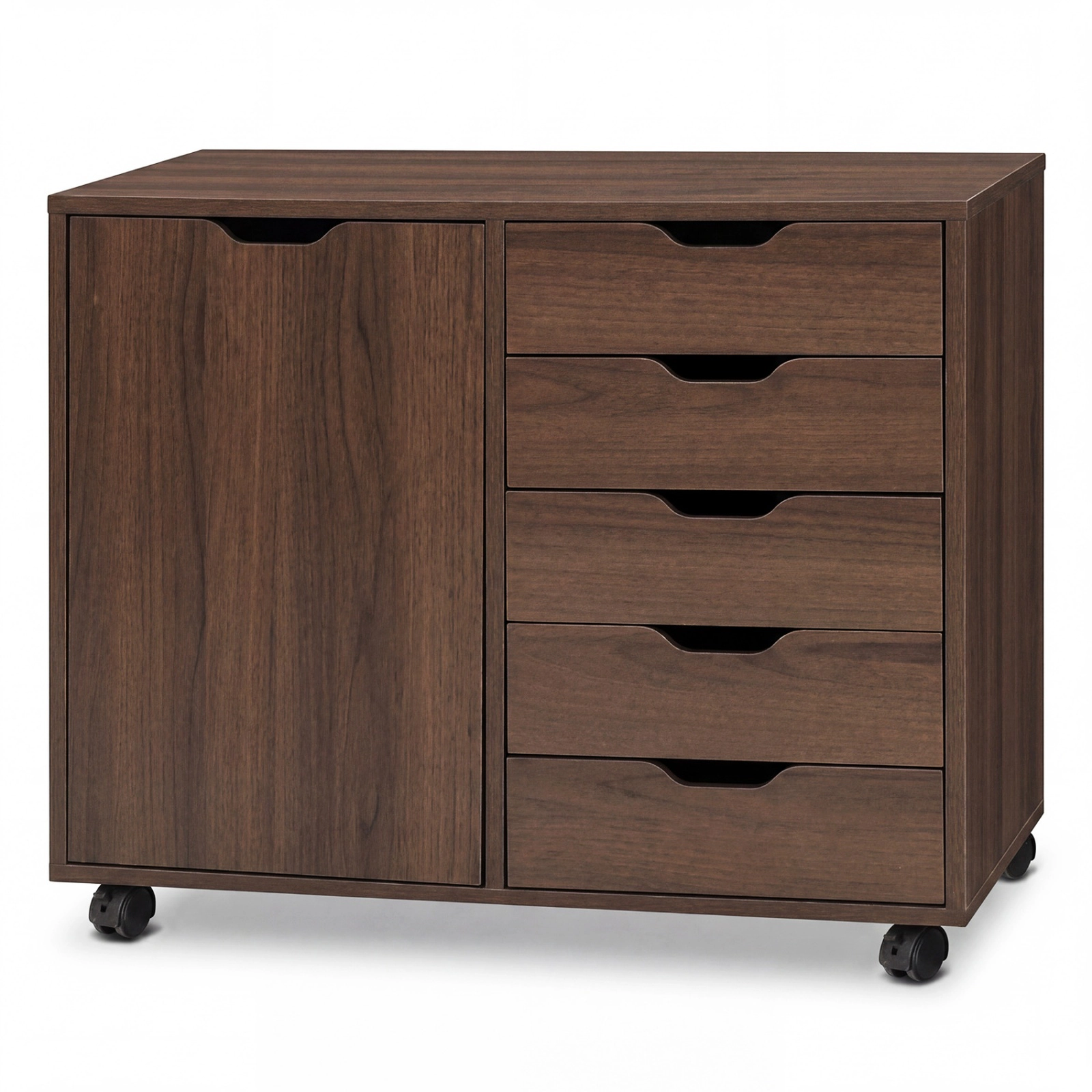 SUGIFT 5-Drawer Engineered Wood Storage Cabinet on Wheels with Adjustable Shelf 31 x 16 x 26 in Frame Brown
