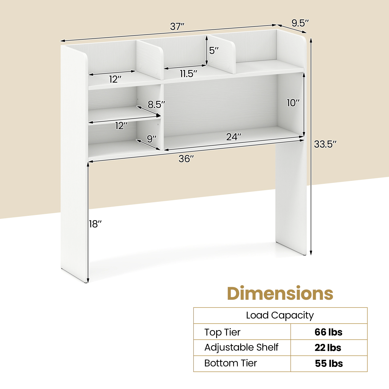 SUGIFT Desktop Bookshelf Countertop Storage Hutch 6 Shelves 66-lb Top Tier Capacity 22-lb Adjustable Shelf 55-lb Bottom