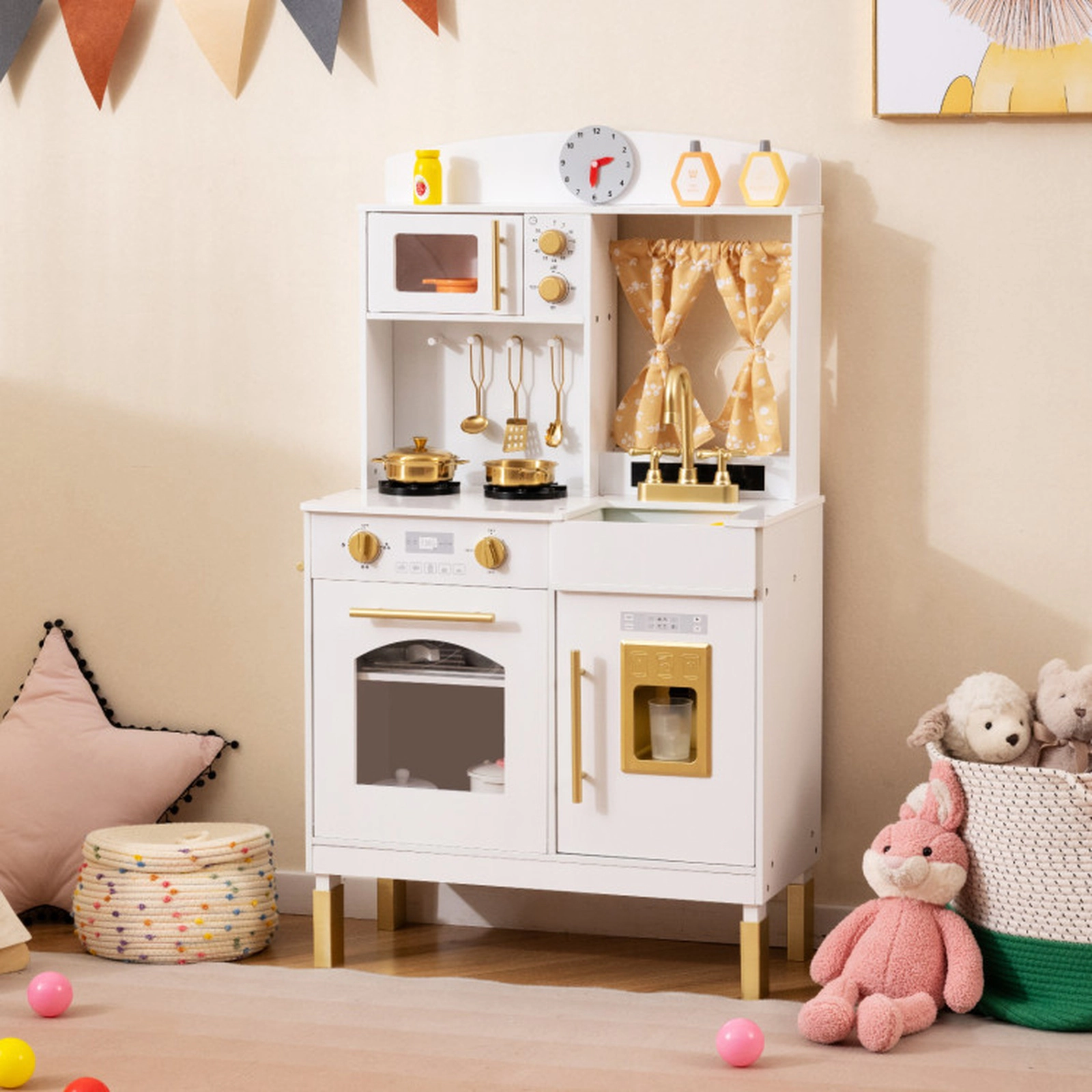SUGIFT Gold 3 Adjustable Heights Microwave and Ice Maker Kids Wooden Chef Play Kitchen