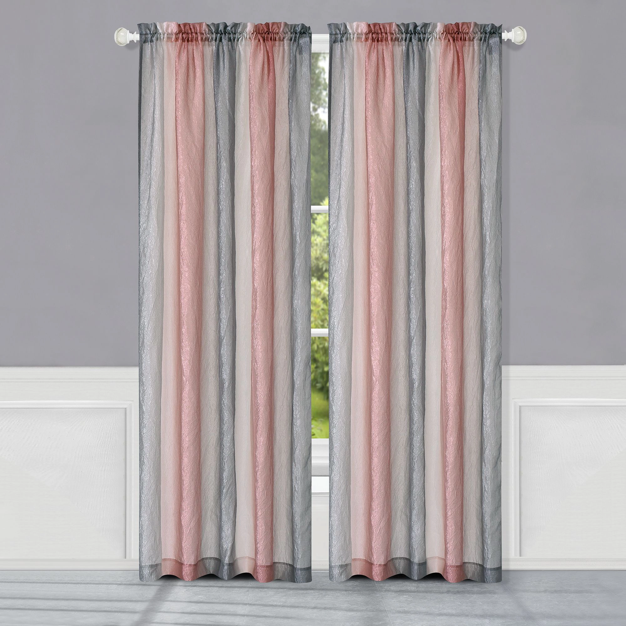 Kate Aurora 1 Piece Crushed Faux Satin Silver & Blush Rose Pink Ombre Window Curtain Panel