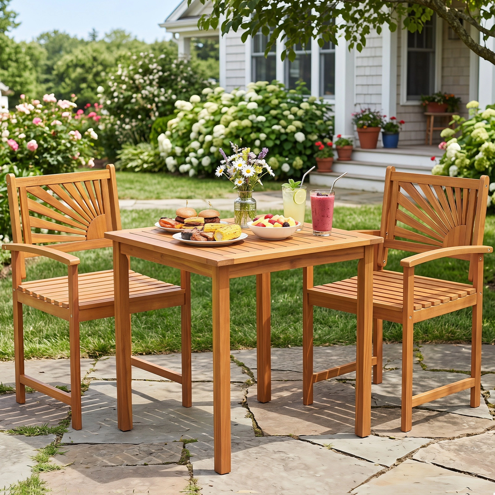SUGIFT Set of 2 Outdoor Acacia Wood Dining Chairs, Curved Arms, Slatted Seats, 18 in Seat Height