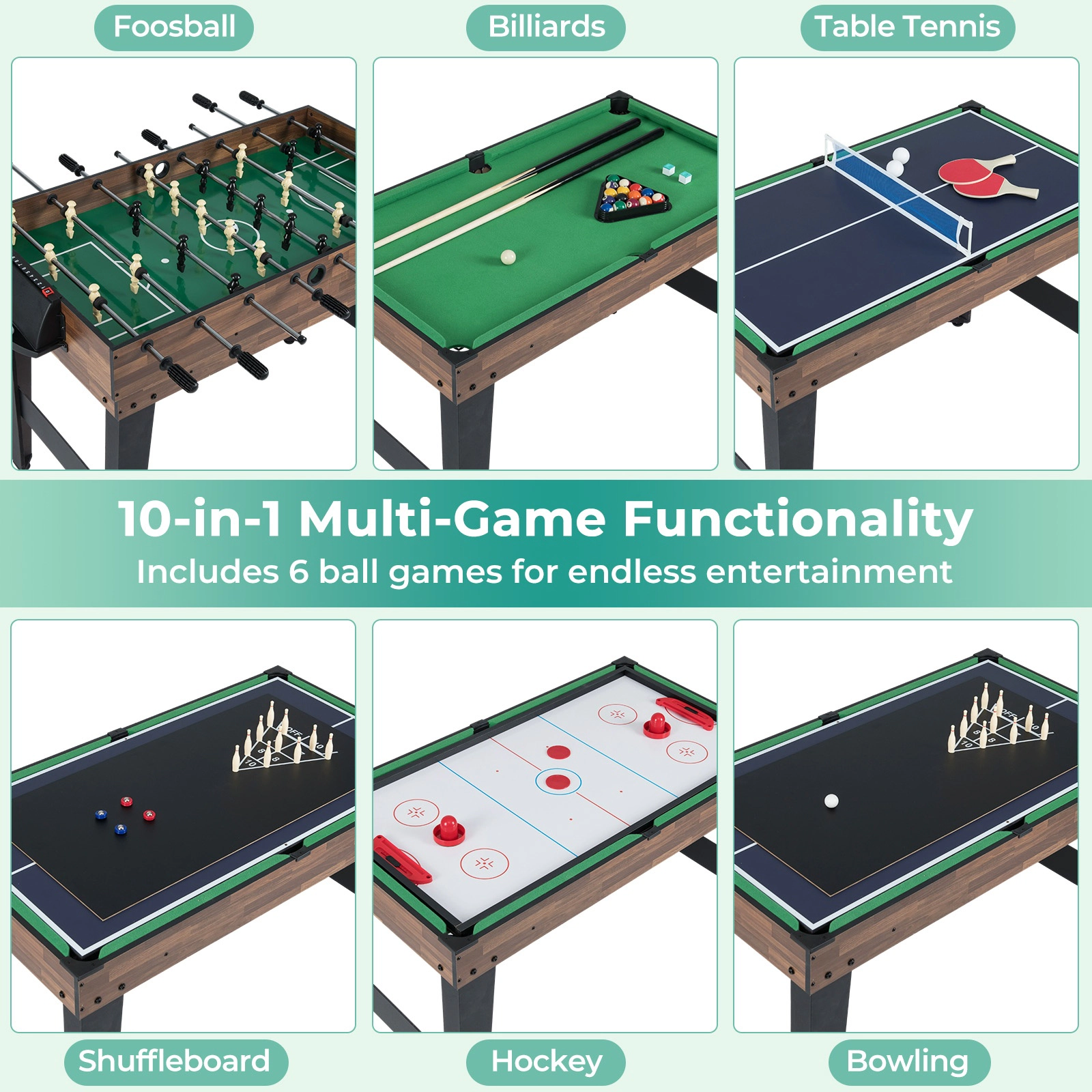 SUGIFT 10-in-1 50-in Multi Game Table Set with Foosball Billiards Bowling Shuffleboard and Hockey
