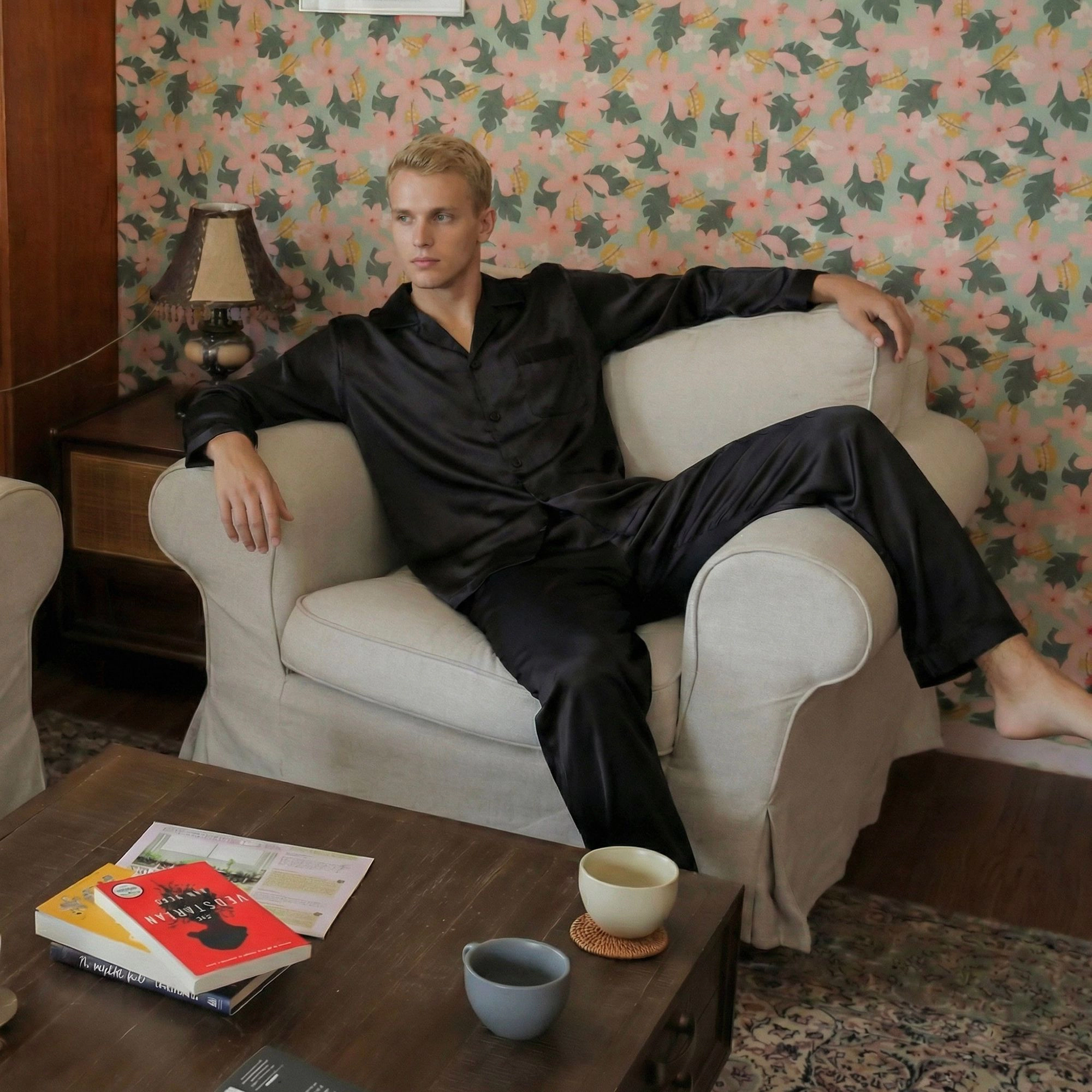 Anna-Kaci Men's 2-Piece Satin Pajamas with Contrast Piping and Button Up Top