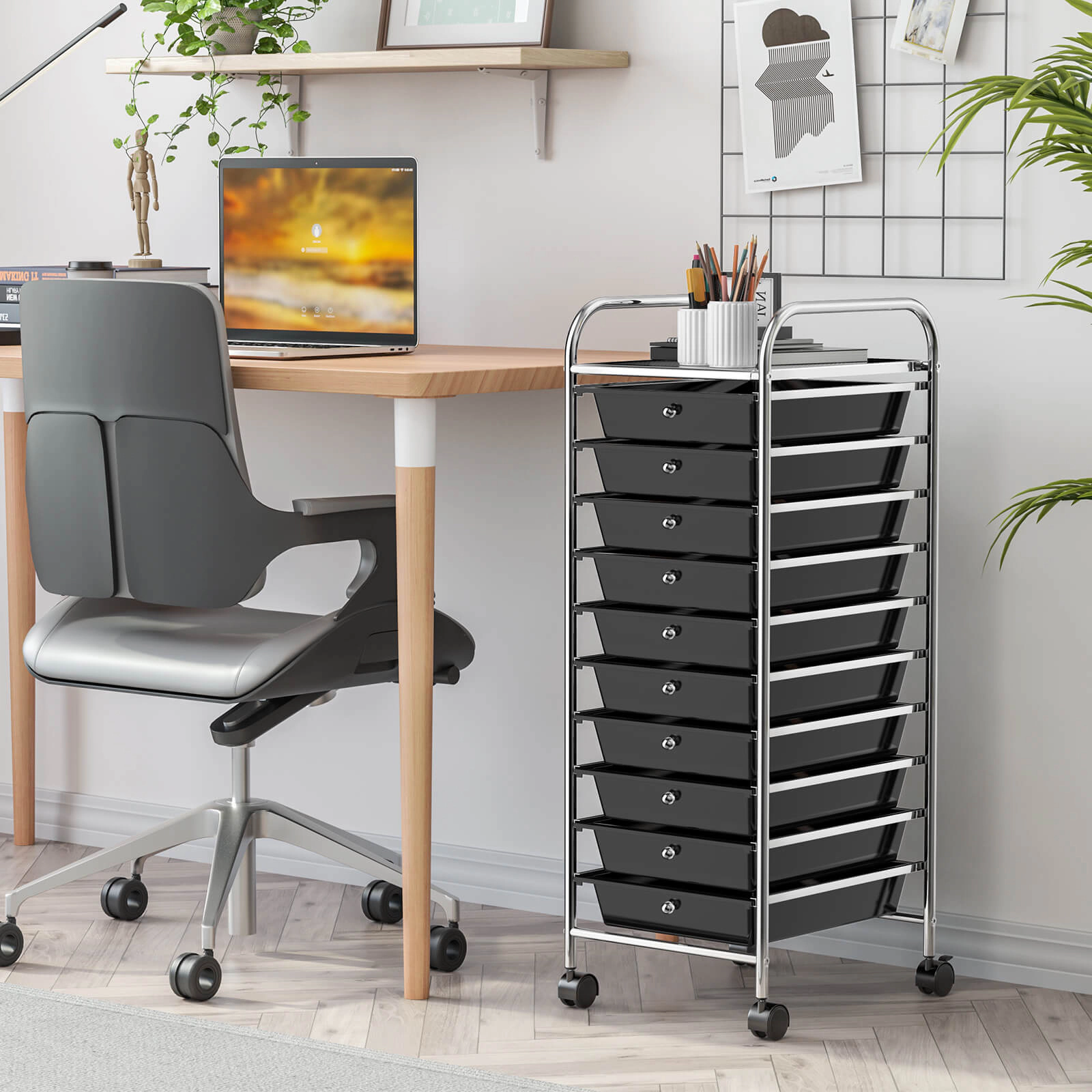 SUGIFT Black 13-in 10-Drawer Slim Rolling Cart Narrow Office Organizer with Pull-Out Trays and Wheels