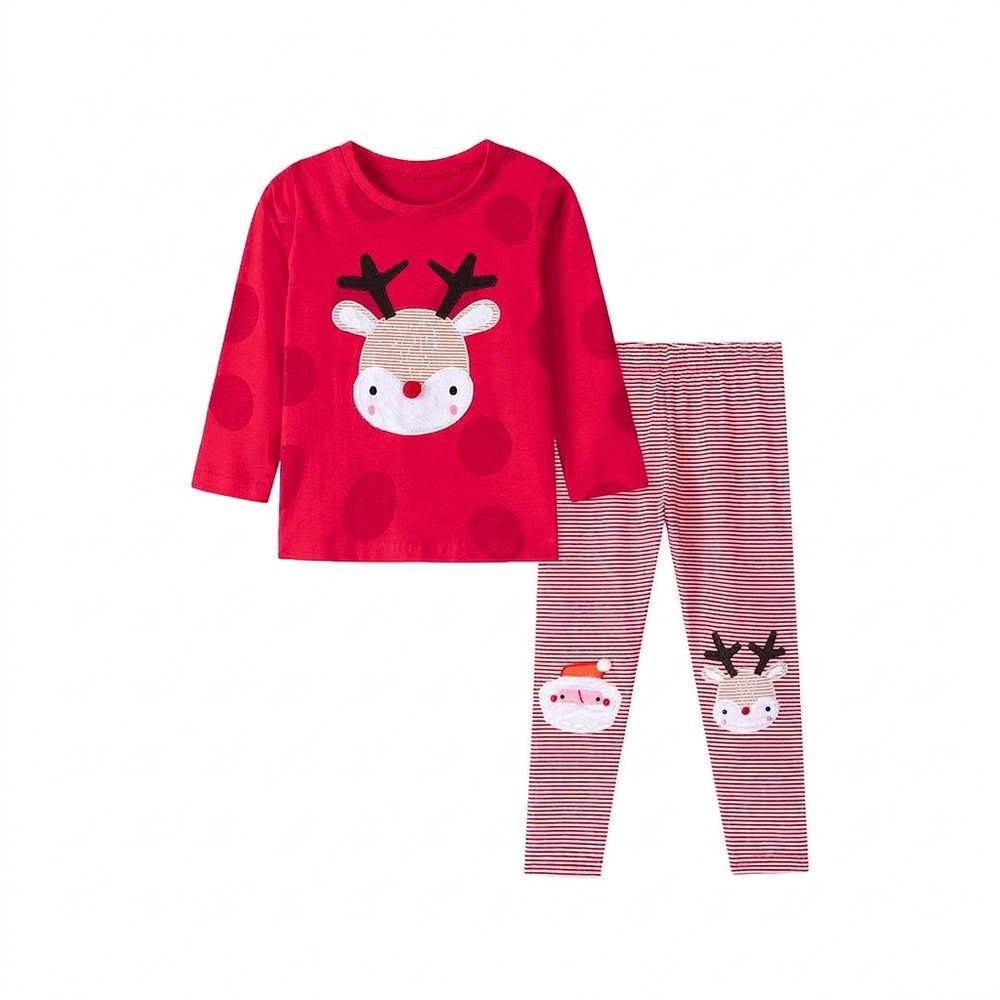 MyKids-USA Girls' Christmas Cartoon Sweatshirt and Striped Pants Set - Red, Toddler 2T–6X