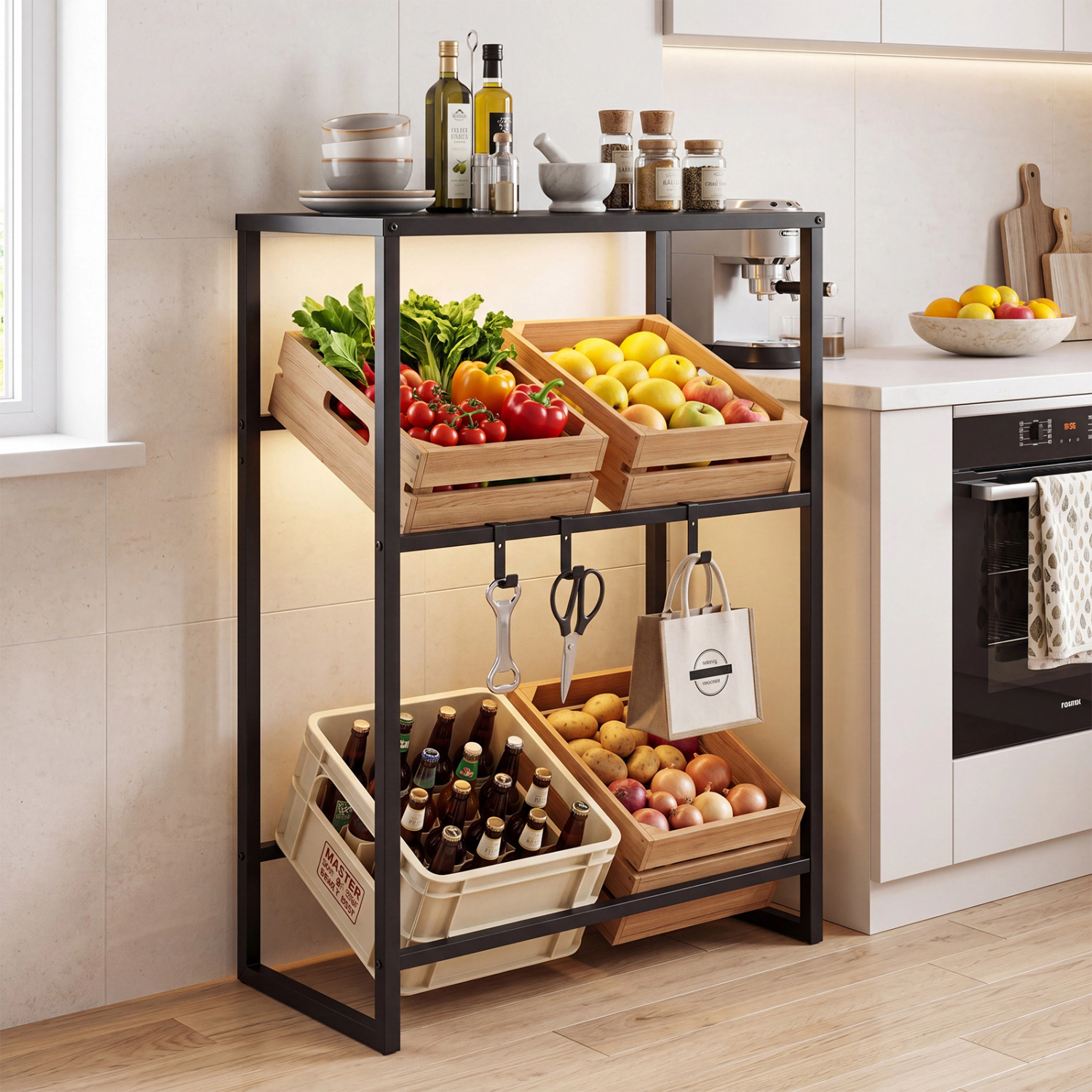 LJG 3-Tier Drink Crate Rack with Shelf for Beer and Water for Kitchen and Garage