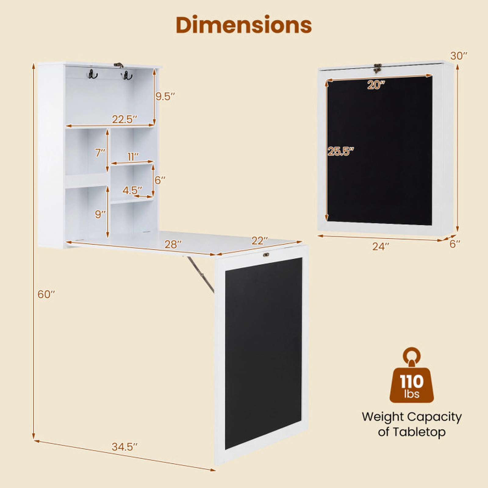 SUGIFT Convertible Wall Mounted Folding Lap Desk with Chalkboard 110-lb Tabletop Capacity White/Black/Gray