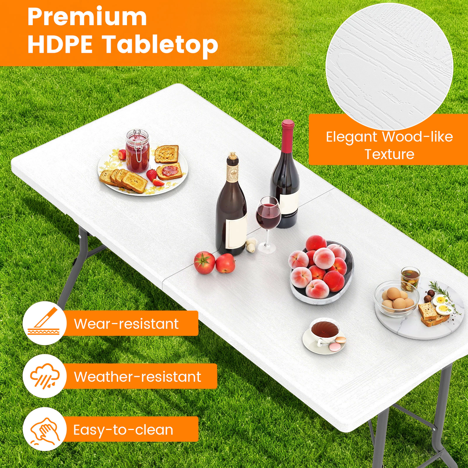 SUGIFT 5-Foot Folding Picnic and Utility Table, Wood-Grain HDPE Top, Carry Handle