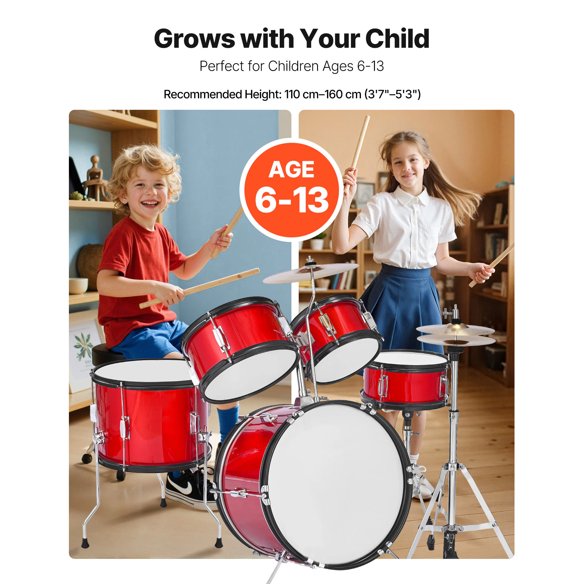 HONGGE Kids Drum Set Junior Drum Sets Beginner Drums Set with Adjustable Throne Cymbal & Two Pairs of Drumsticks