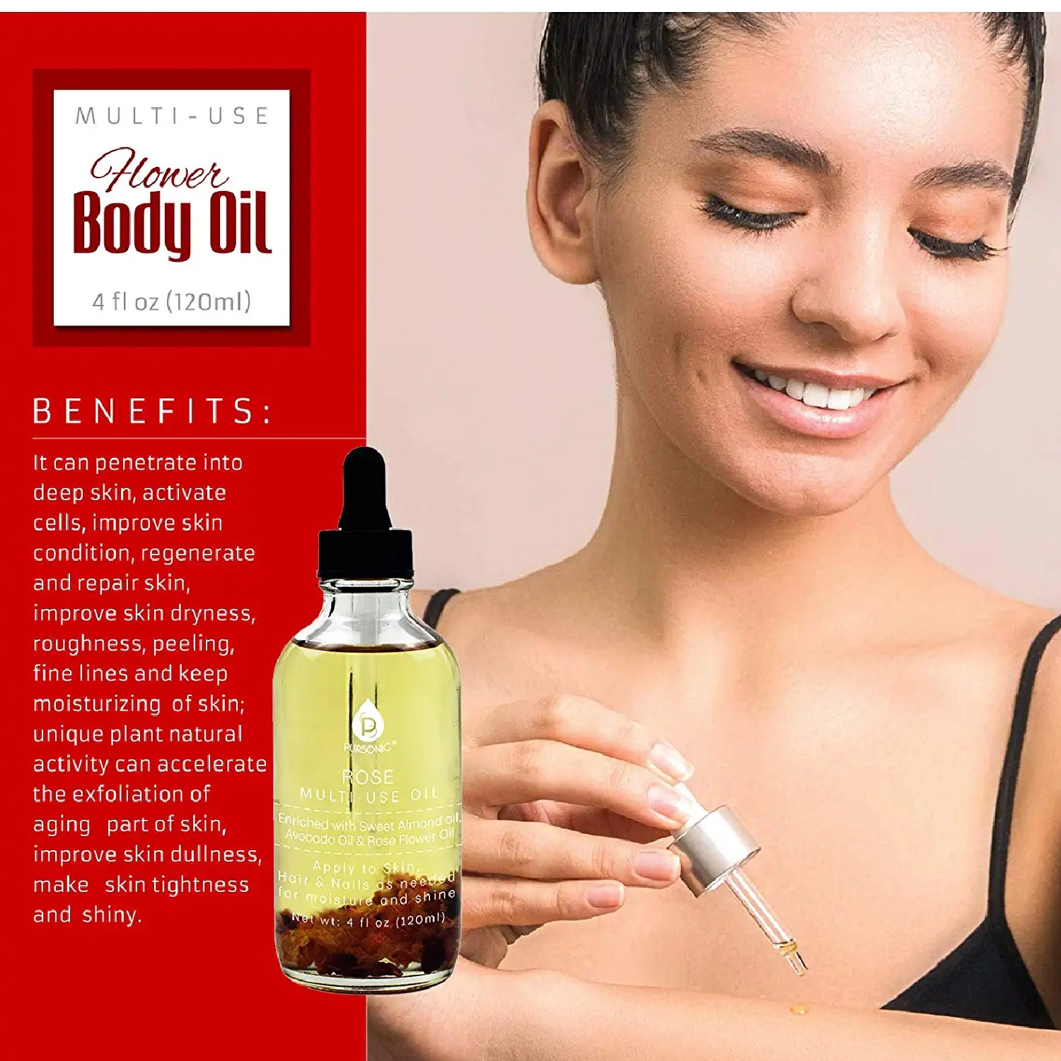 Pursonic Unisex Rose Flower Multi-Use Moisturizing Body Oil