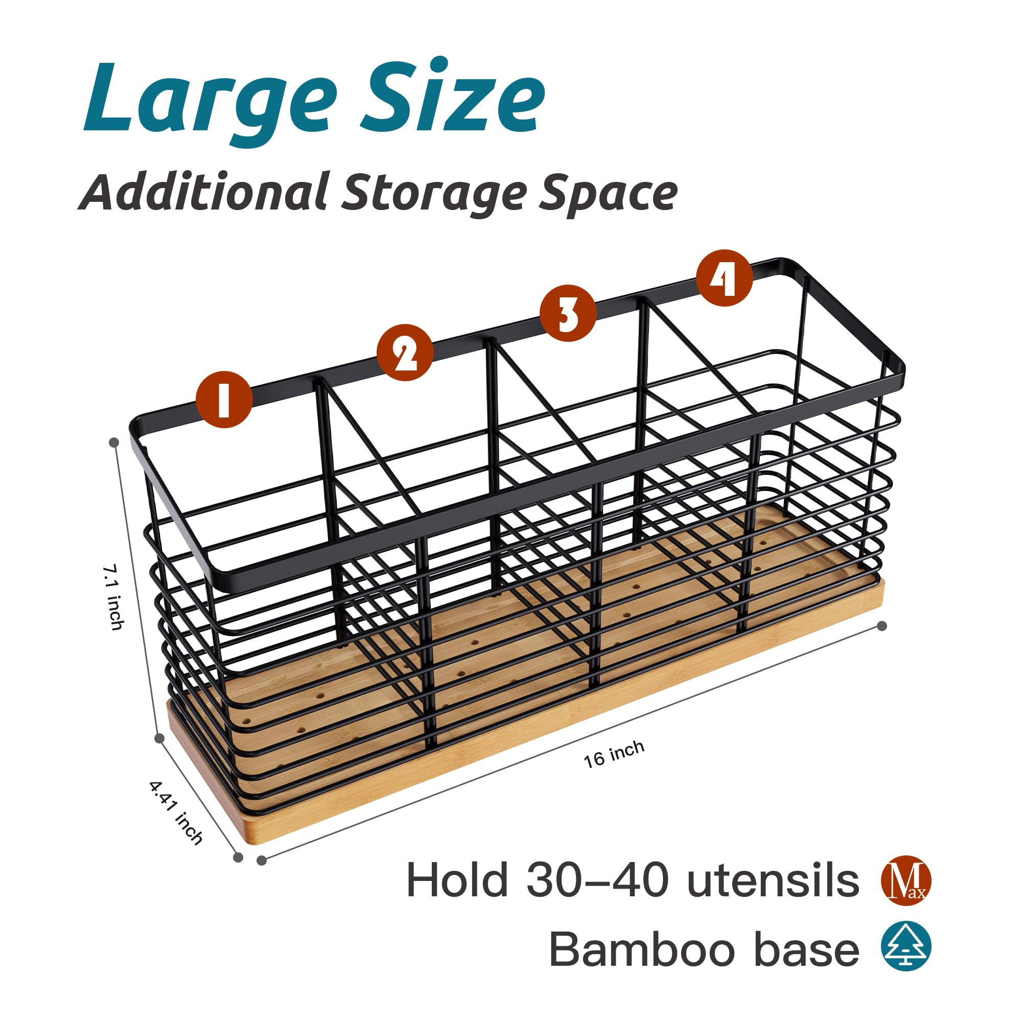 WZK Extra Large 4 Compartment Metal Wooden Base Kitchen Utensil Holder