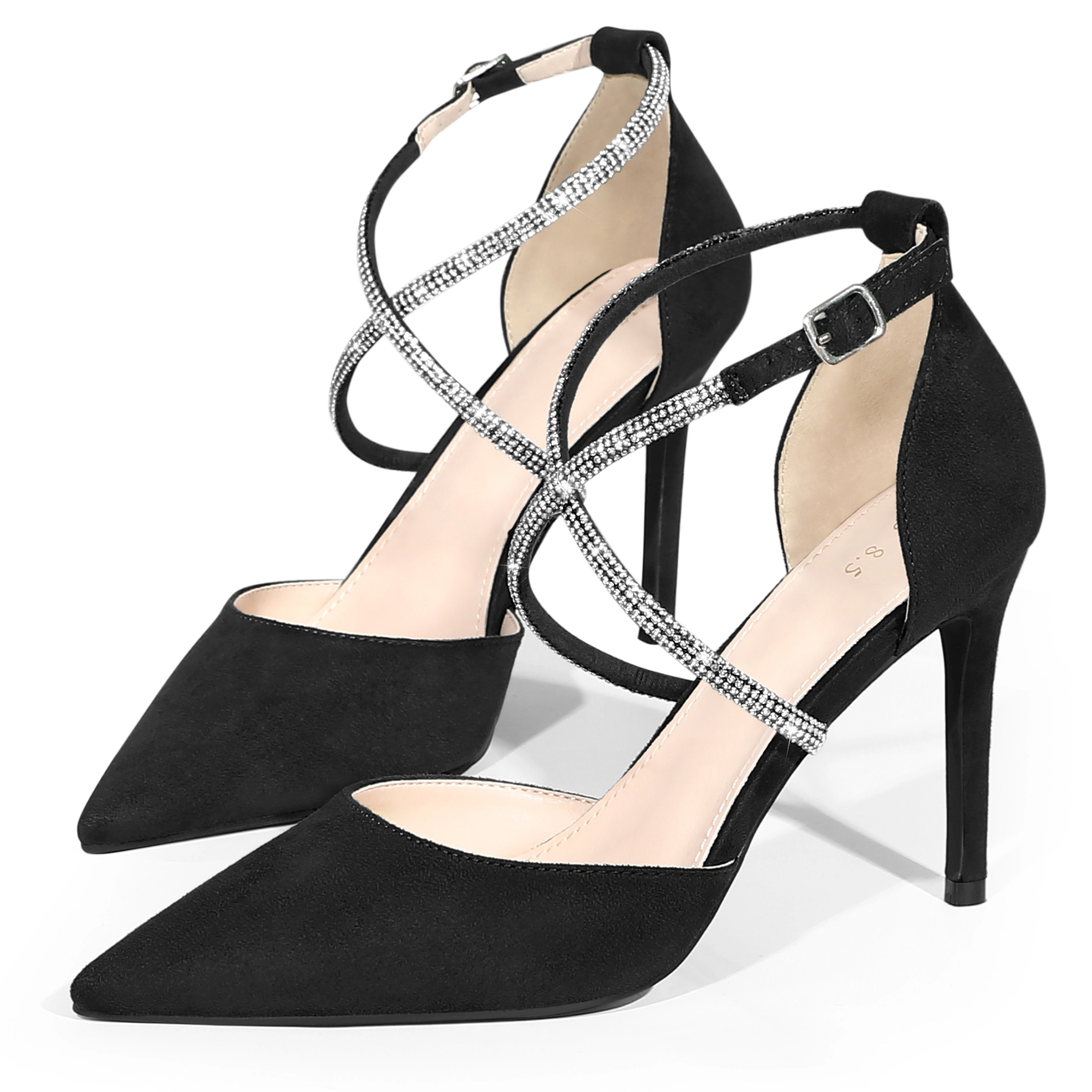 BLISSFUL STEP Pointed Toe Crisscross Rhinestone Ankle Strap Stiletto Heel Pumps