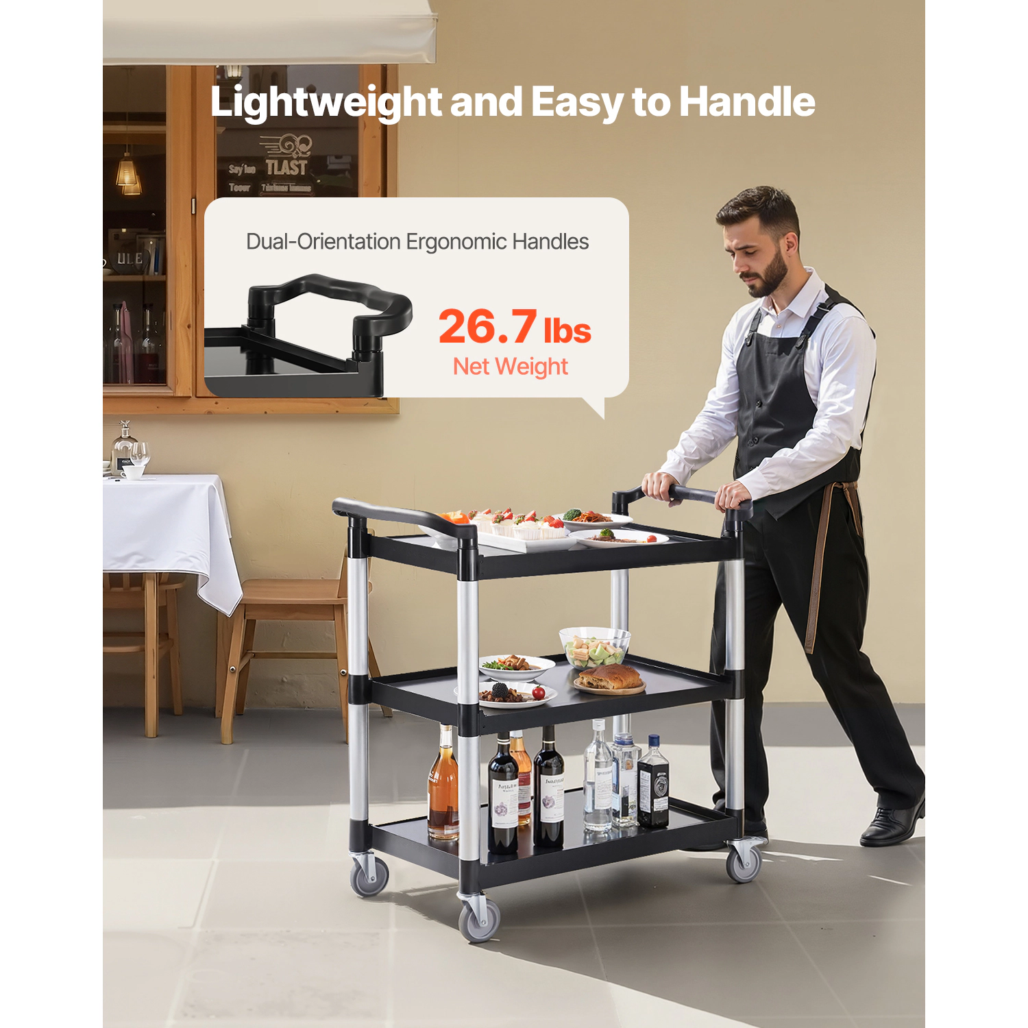 HONGGE 3-Tier Plastic Utility Cart, 330 lbs Capacity, Locking Swivel Wheels for Kitchen, Office & Warehouse