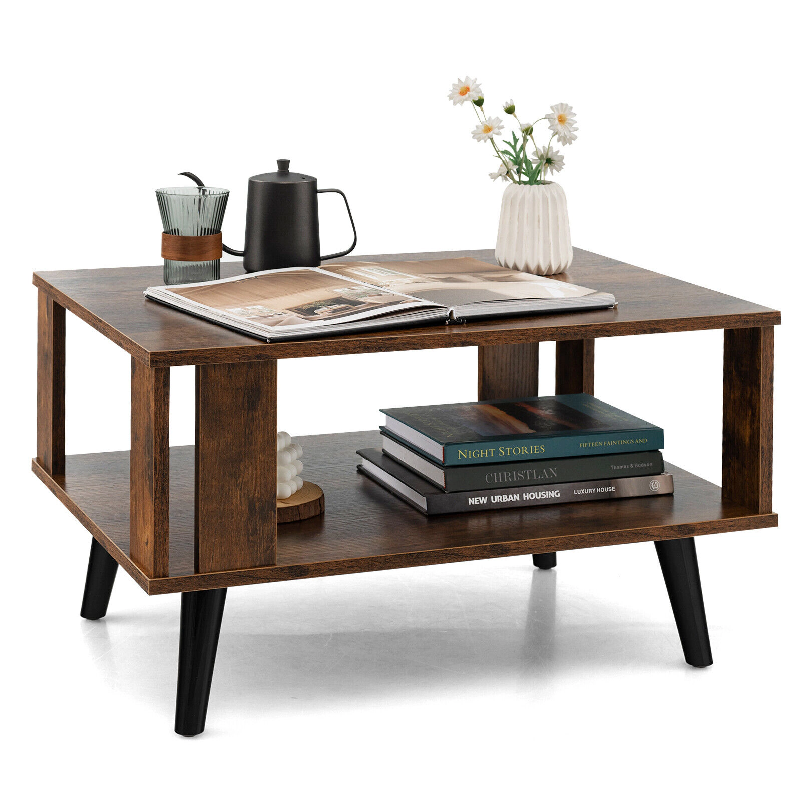 Glintex Compact 28-Inch Mid-Century Coffee Table with Open Storage Shelf, Rustic Brown