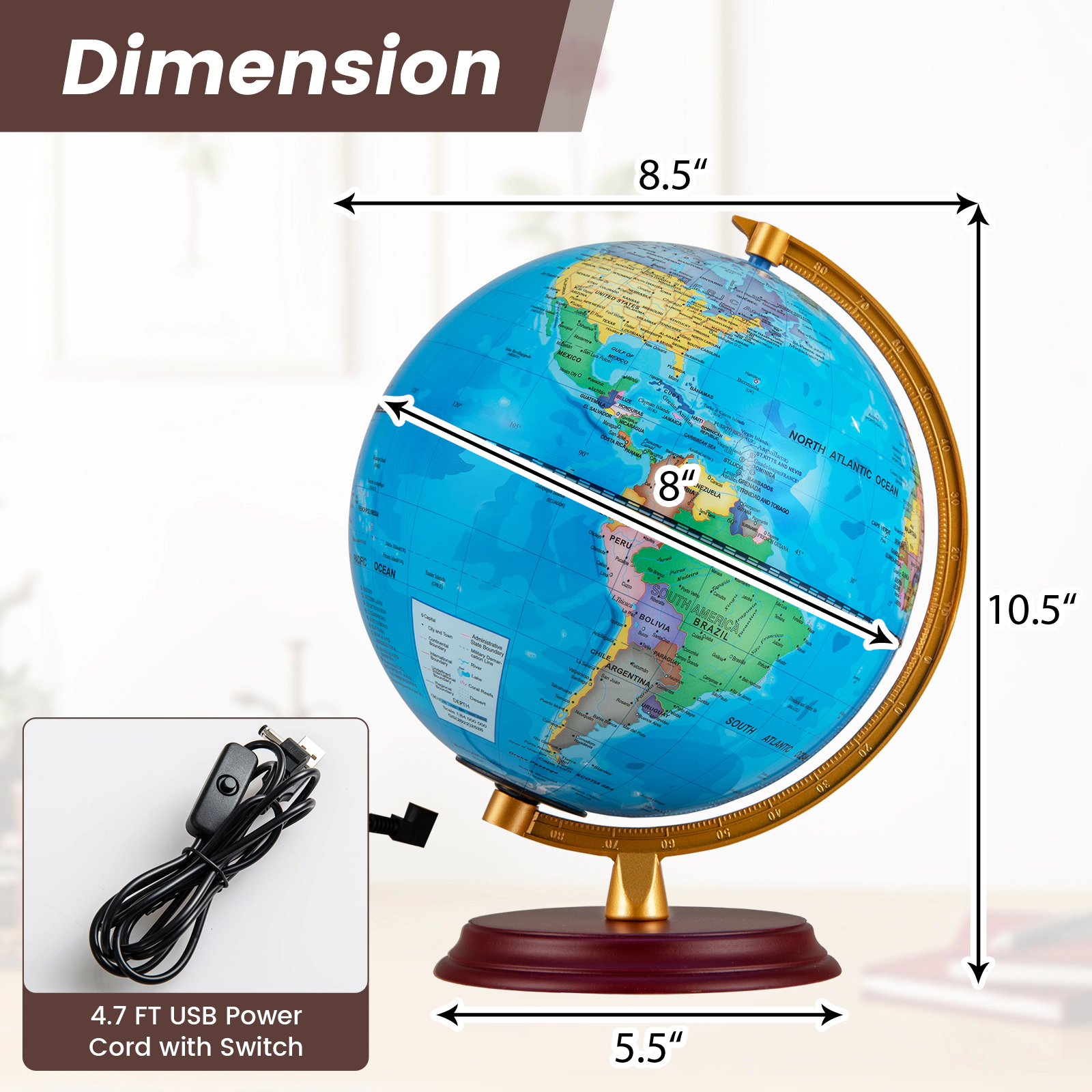 SUGIFT Kids LED Illuminated HD Map Wooden Base Night Light World Globe 8-in Diameter 8.5-in x 8.5-in x 10.5-in Blue