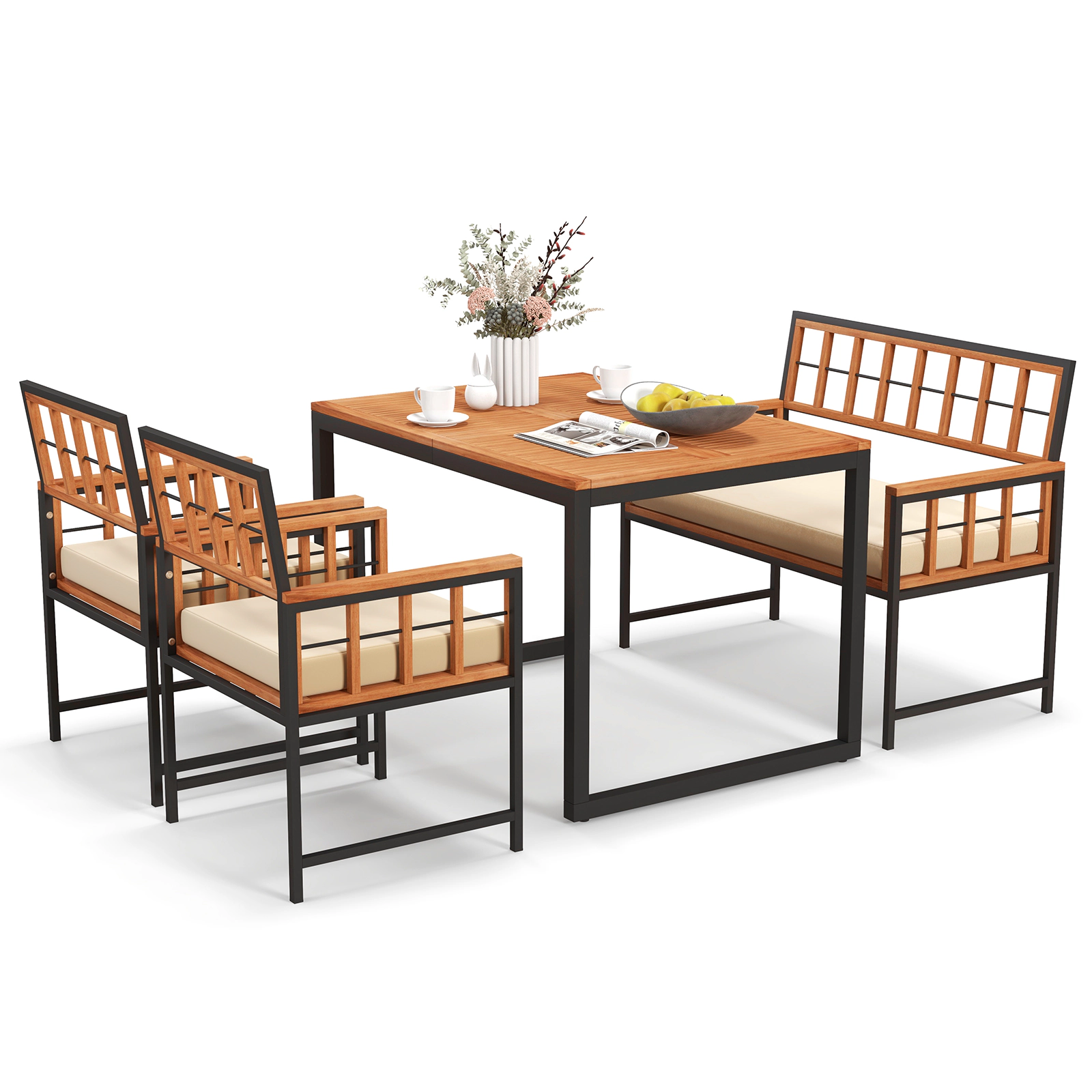 LJG 4 Pieces Acacia Wood Patio Dining Set with 1 Rectangular Table
