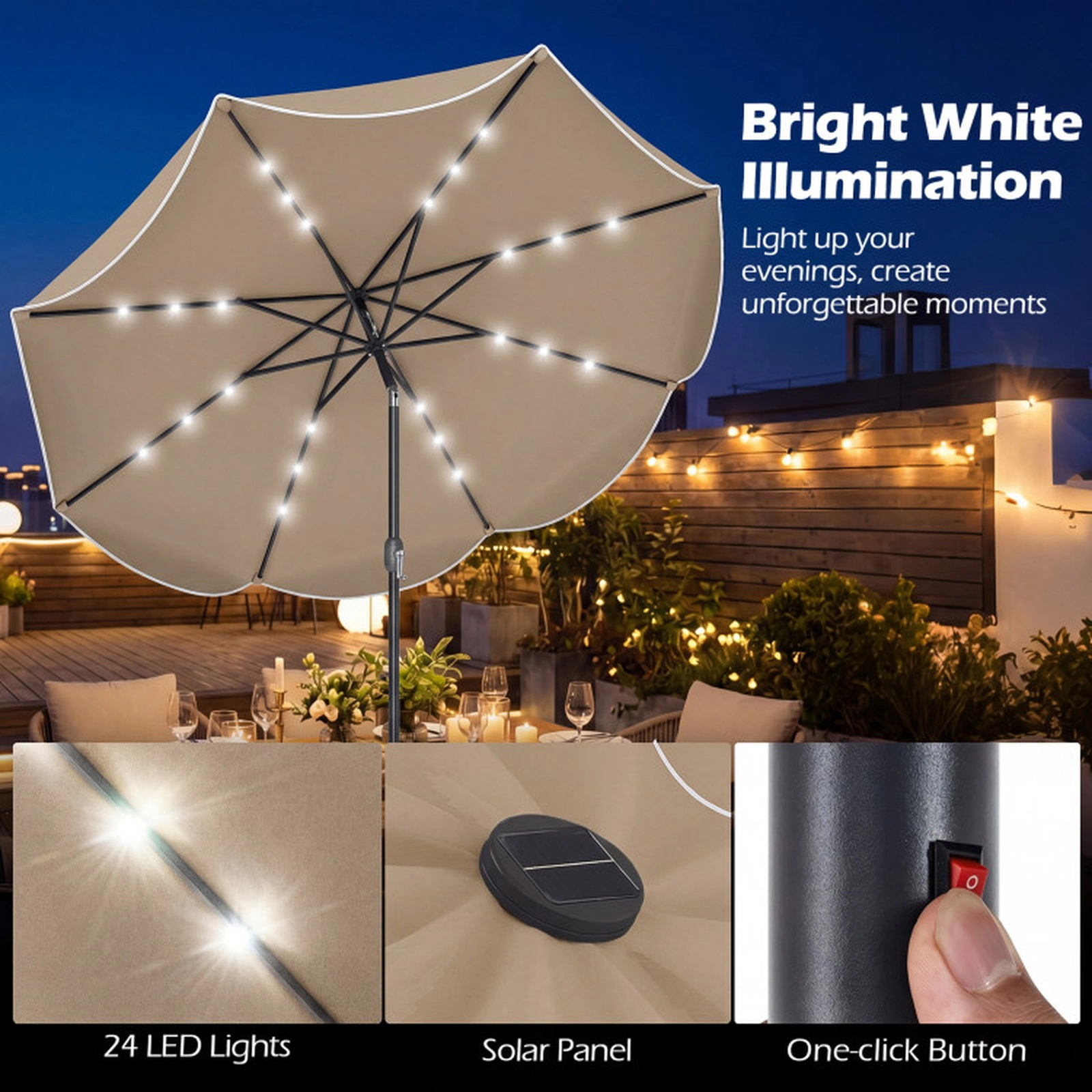 SUGIFT Scalloped Solar Patio Umbrella Market Table Umbrella with 24 LED Lights 9-ft Tan