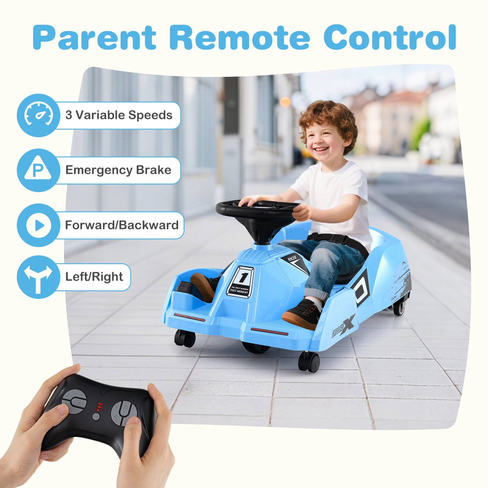 SUGIFT 3-Mode 12V Electric Cleaning Ride-On Go Kart with Detachable Mop 66-lb Capacity Ages 2-5 Blue with Remote Control