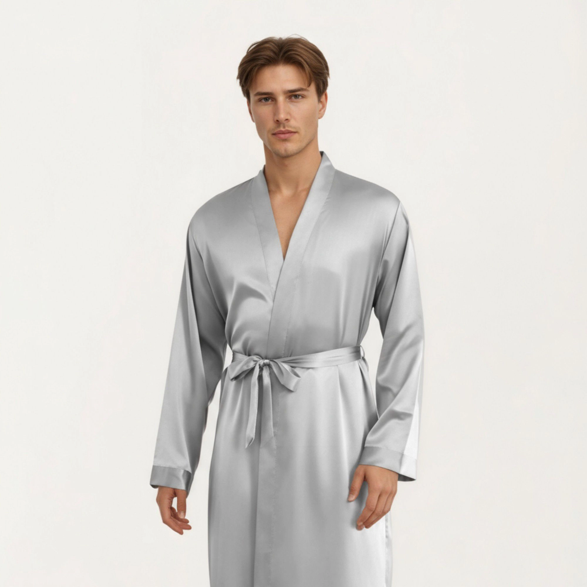 Anna-Kaci Men's Satin Robe with Classic Shawl Collar and Adjustable Waist Tie