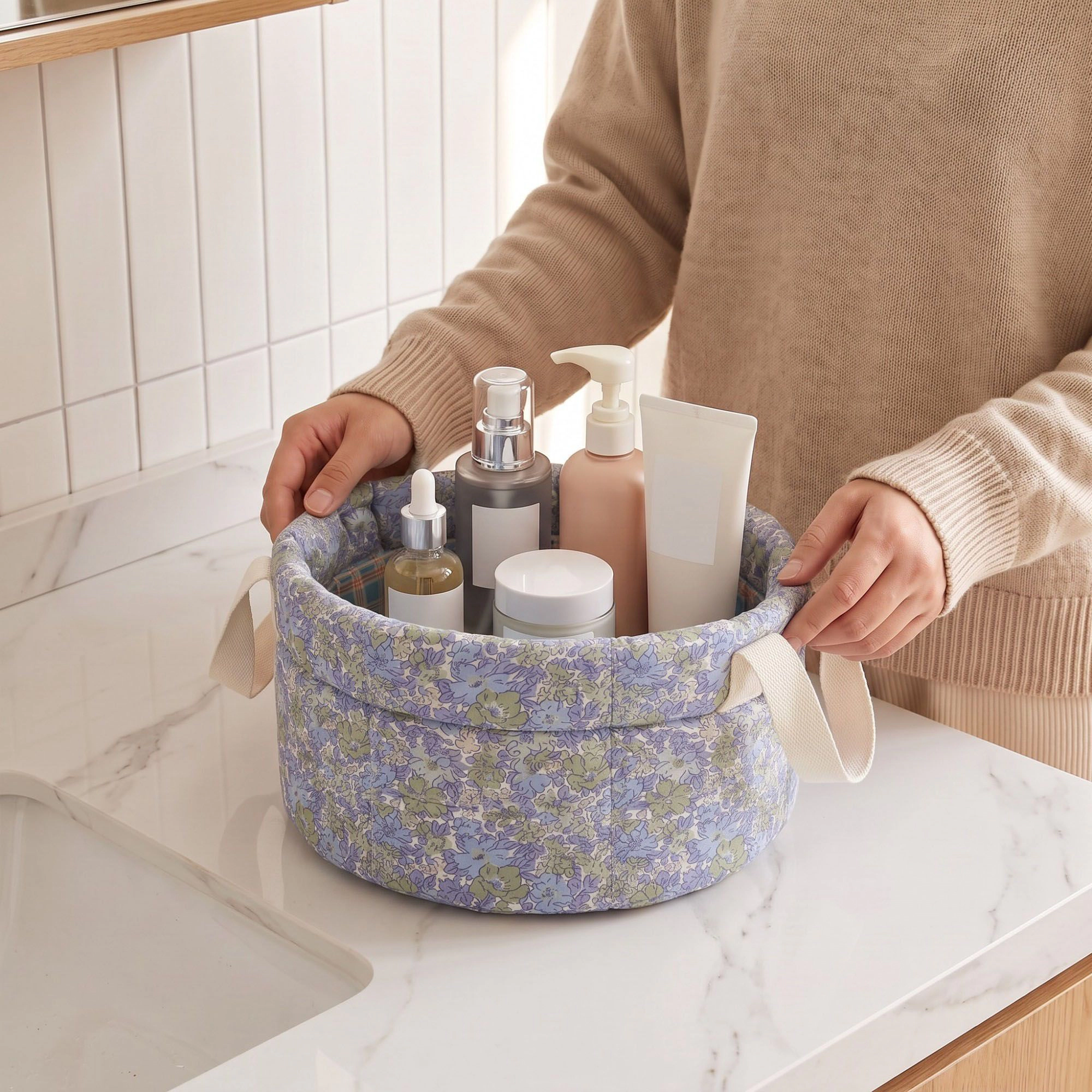 Alilang Unisex Quilted Floral Storage Basket with Handles for Home Organization