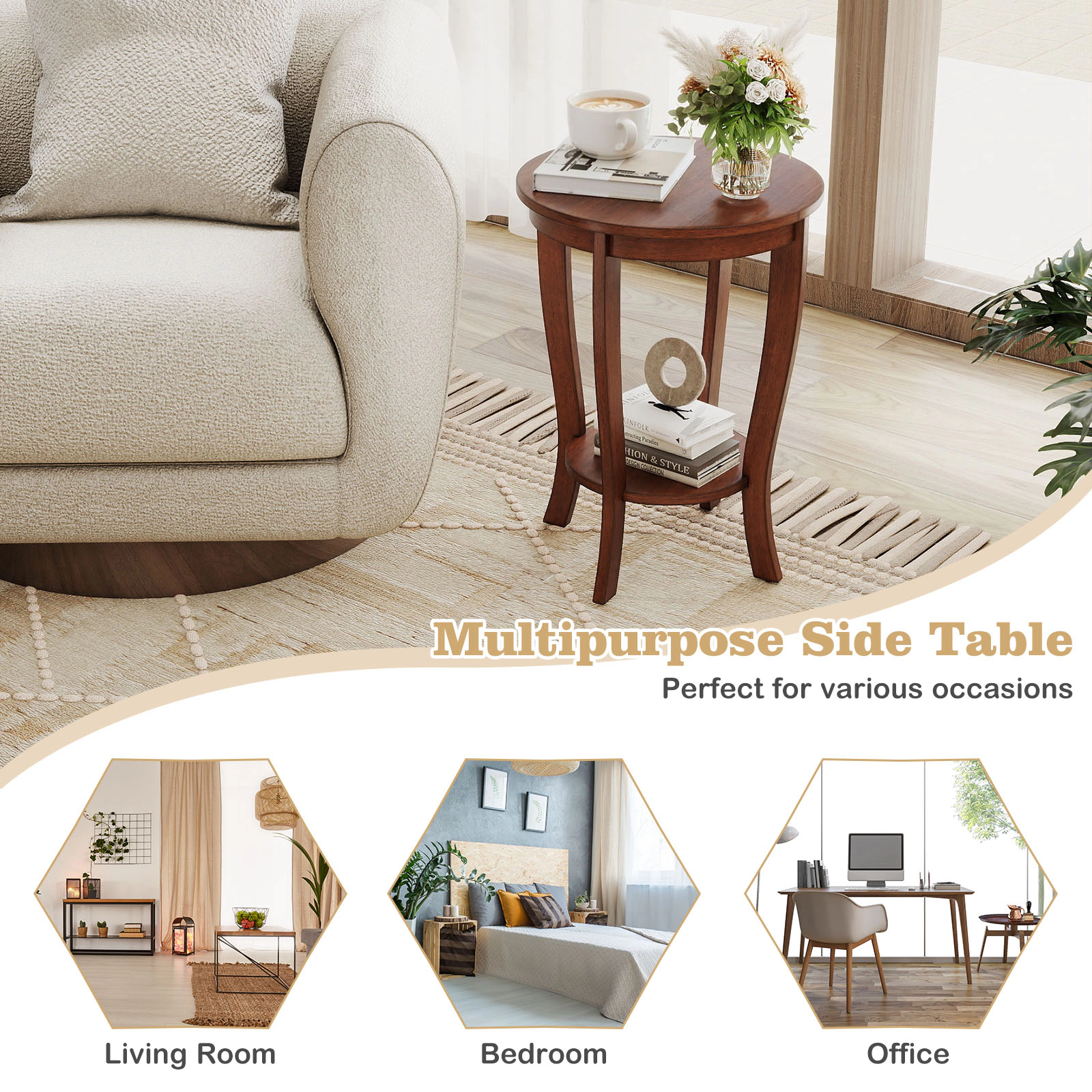 SUGIFT 2-Tier Round End Table 170-Lb Capacity Brown