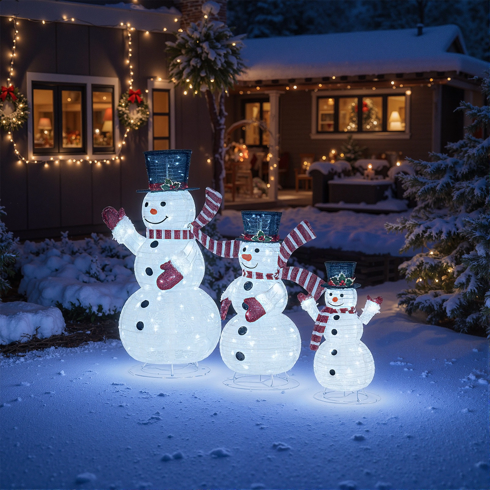 SUGIFT 3-Piece Pre-Lit 3D Snowman Family Set with 270 LED Lights Top Hats Scarves and Ground Stakes