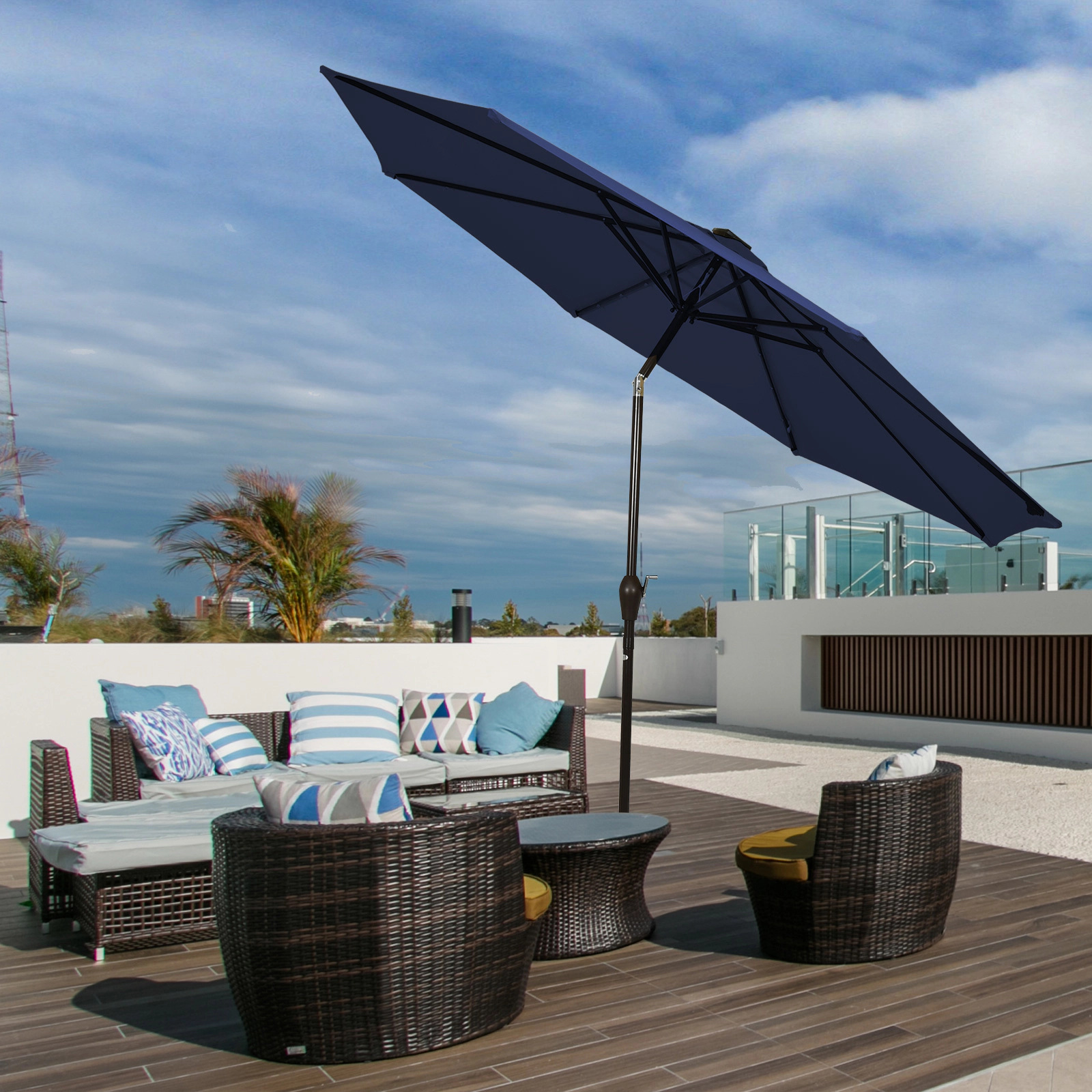 SUGIFT 9-ft Dark Blue Solar LED Market Patio Umbrella, Crank Lift and Push-Button Tilt