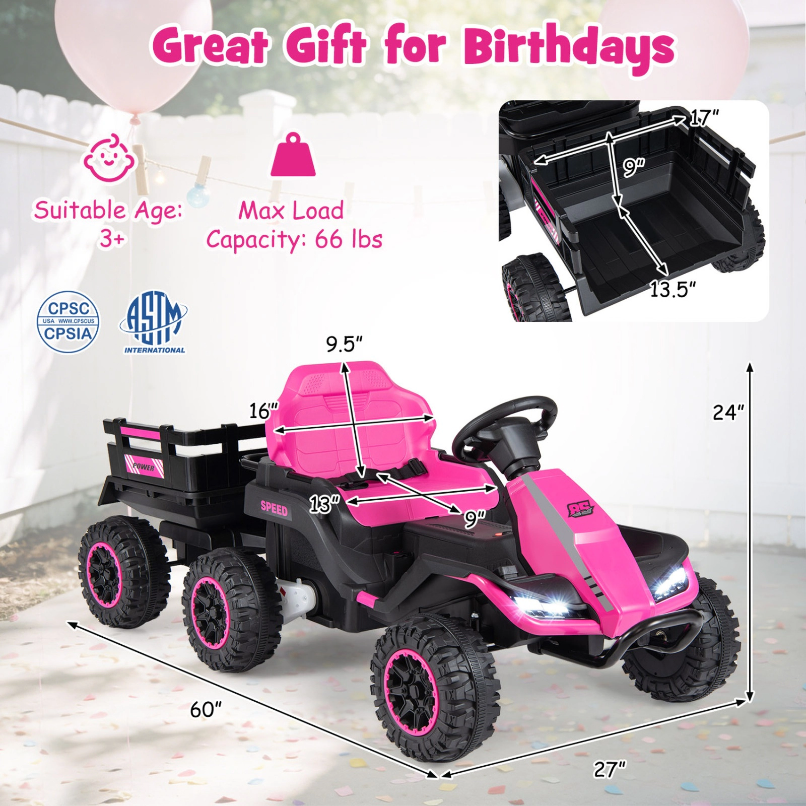SUGIFT 24V Ride On Tractor with Detachable Trailer and Music 66-lb Capacity Ages 3+ 60-in Ride-On Car Pink