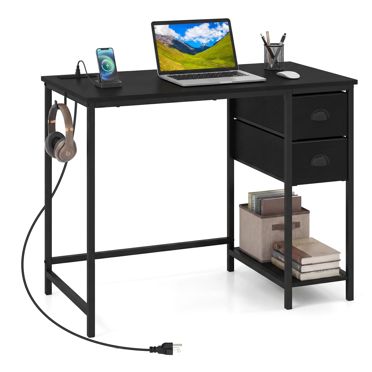 LJG Computer Desk with Charging Station and 2 Fabric Drawers for Small Spaces