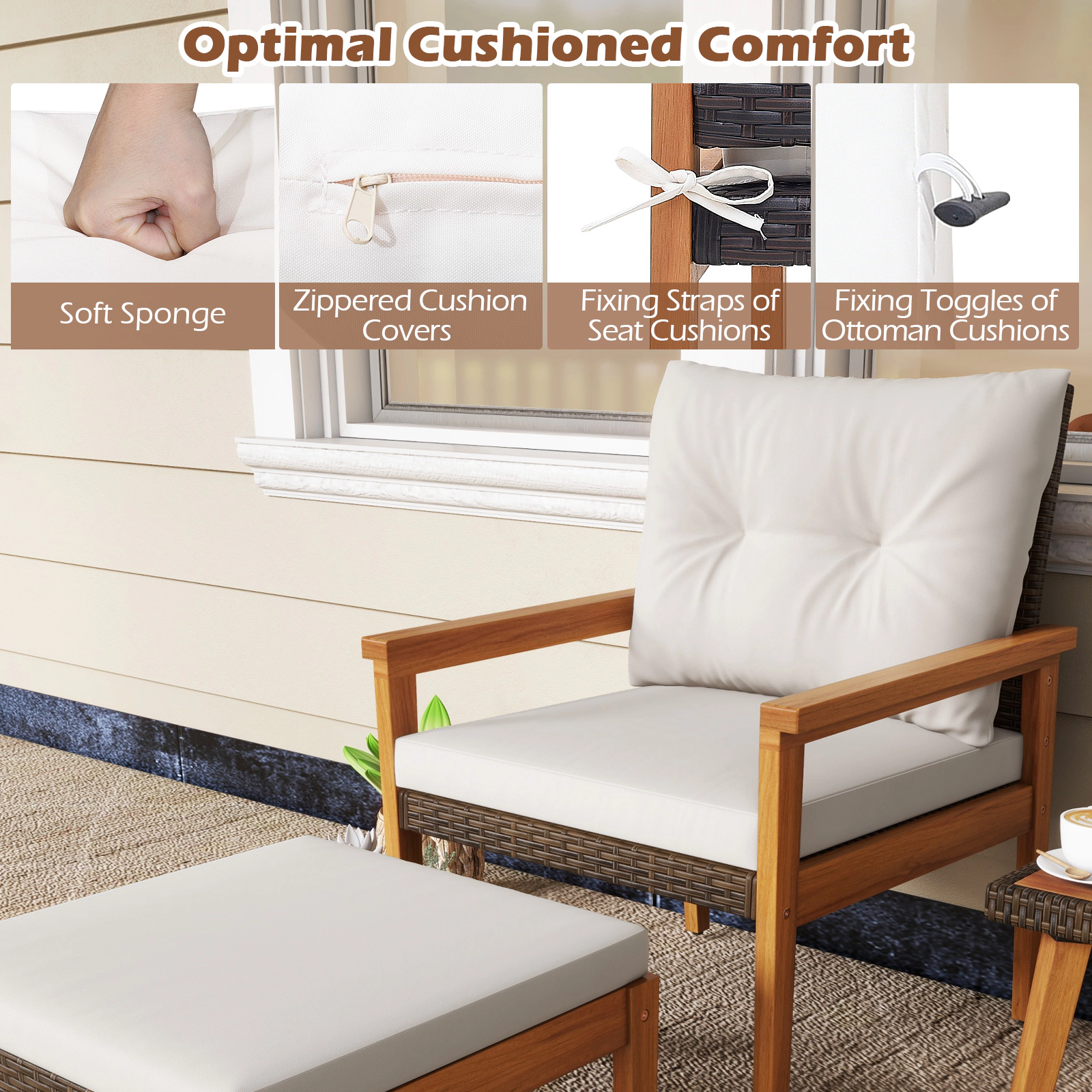SUGIFT White 2 Ottomans and Square Coffee Table 5-Piece Patio Rattan Chair Set