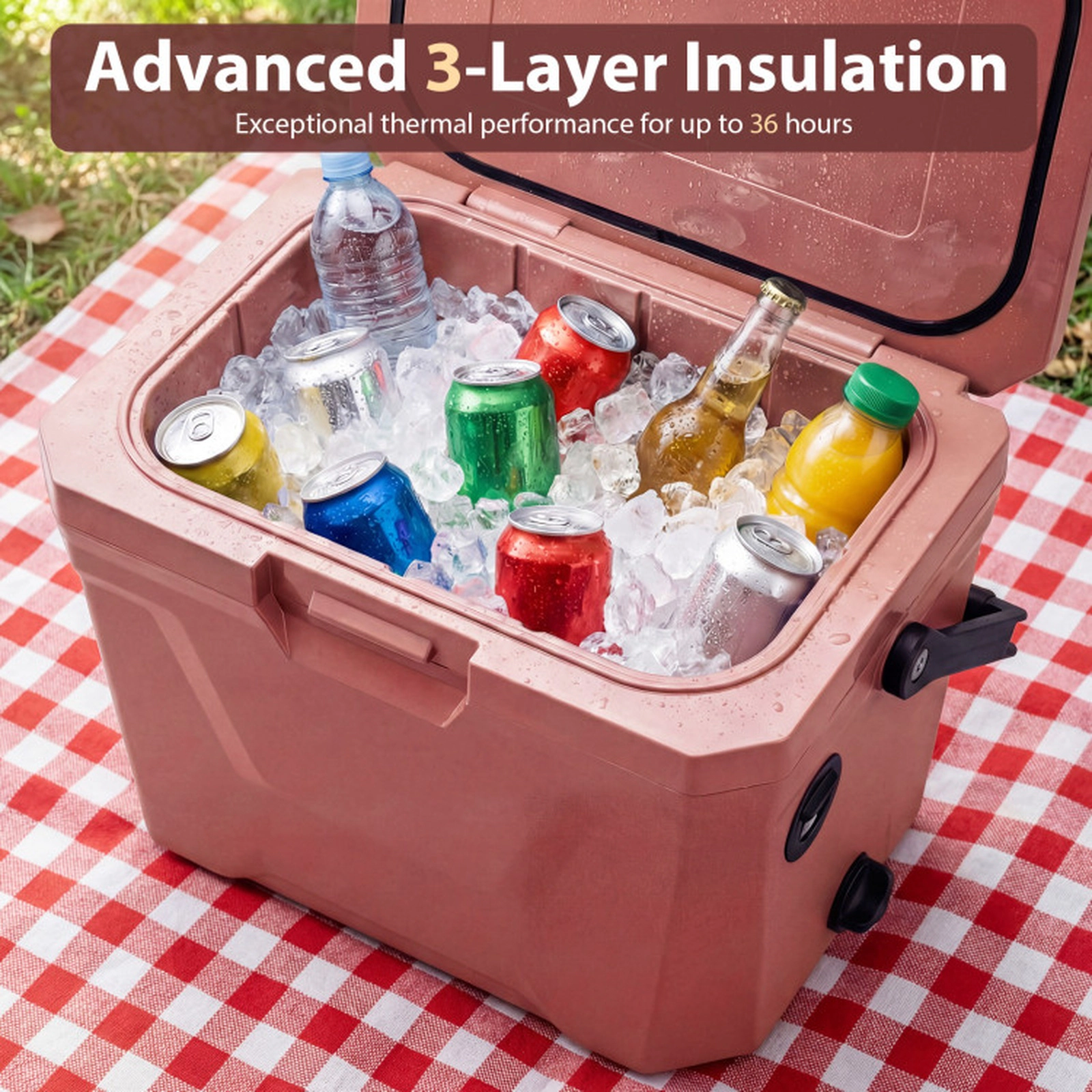 SUGIFT Triple-Layer Insulated Hard Shell Cooler Ice Chest 110-lb Capacity 21-Qt with 2 Cup Holders Pink