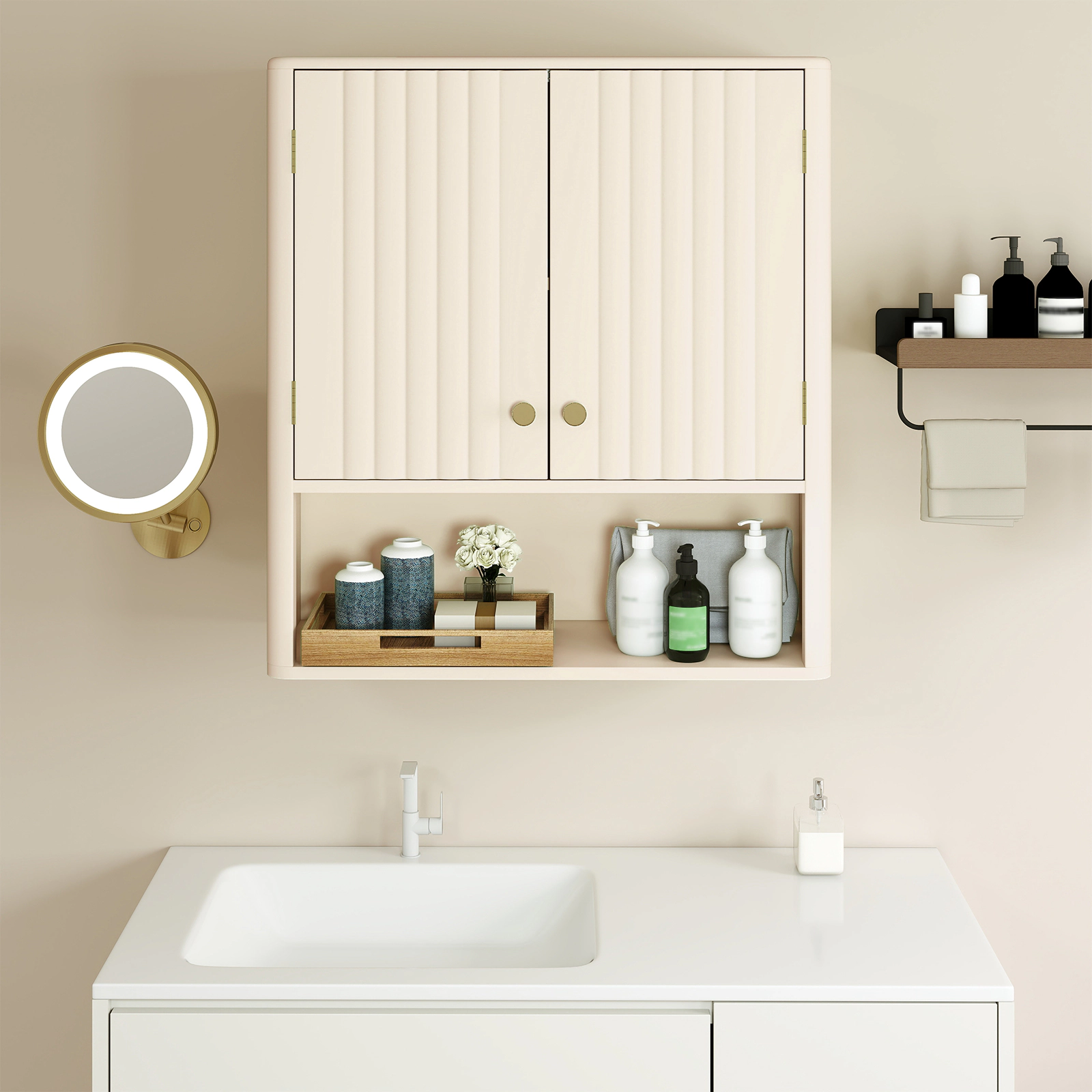 Slickblue Bathroom Wall Storage Cabinet with Fluted Doors and Open Shelf Organizer