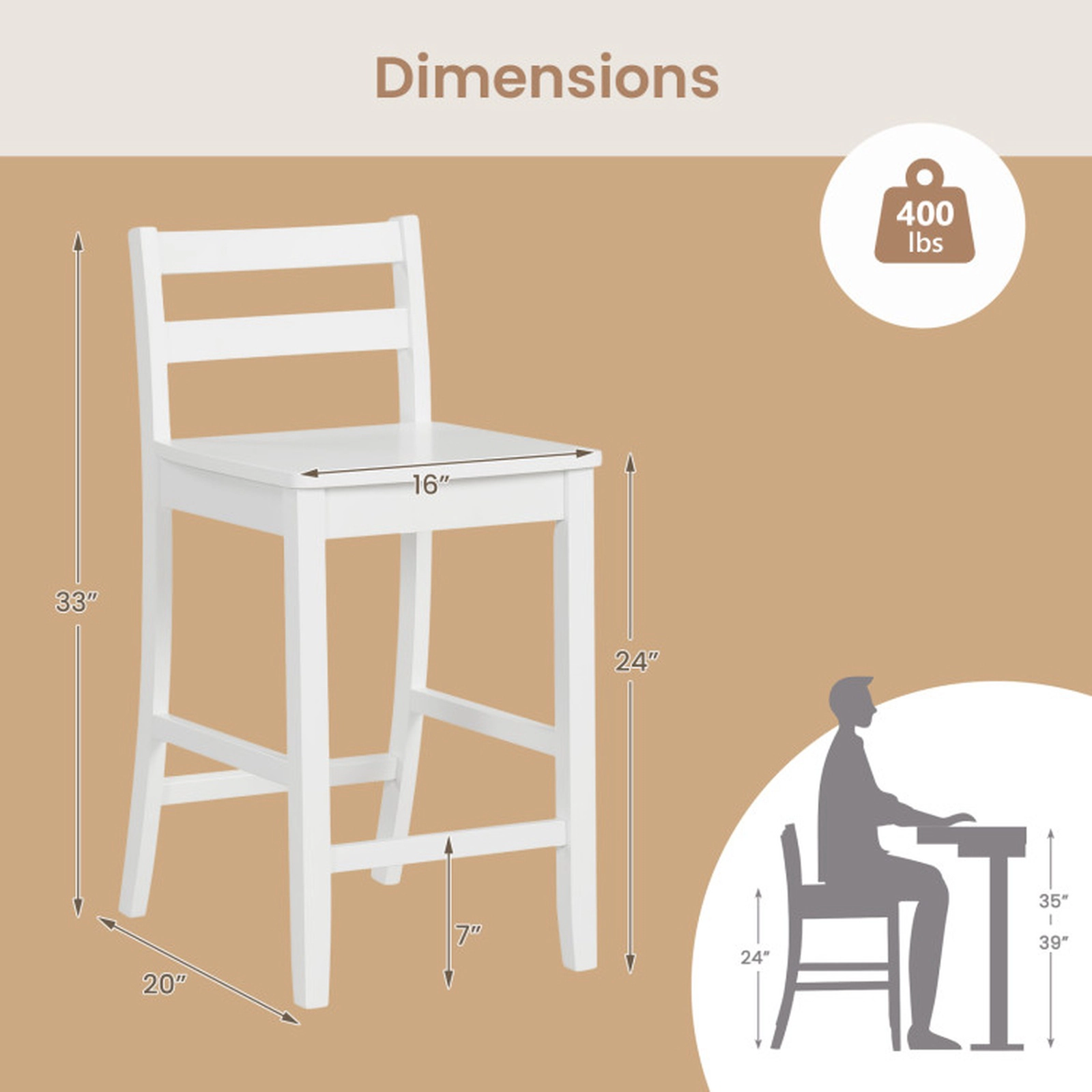 SUGIFT Set of 2 White 24-in Counter-Height Wood Bar Stools, 400-lb Capacity