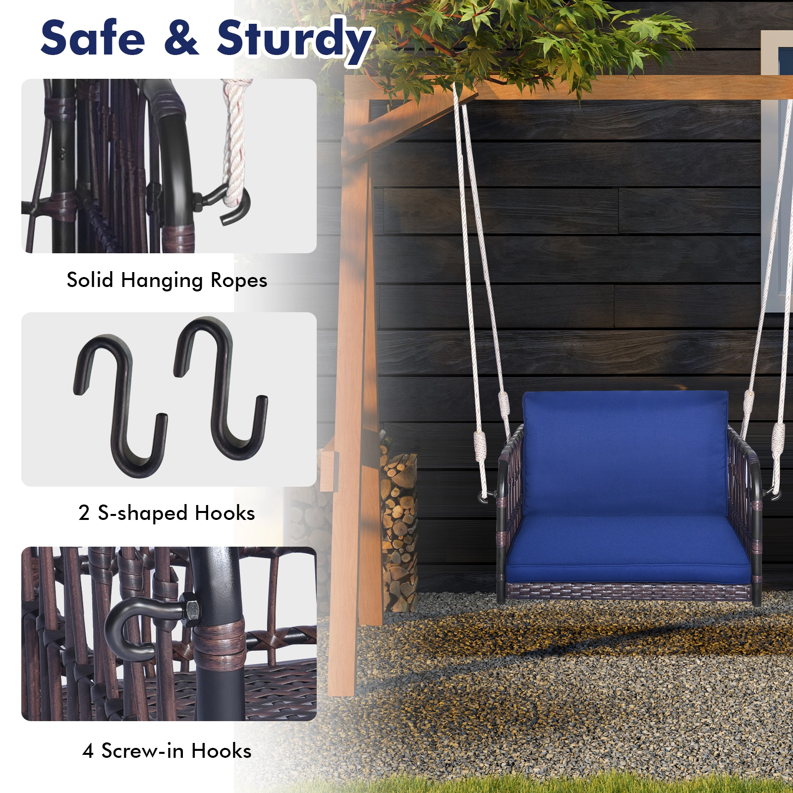 SUGIFT Single Person Hanging Swing Seat with Seat and Back Cushions 400-Lb Capacity Navy Mix Brown