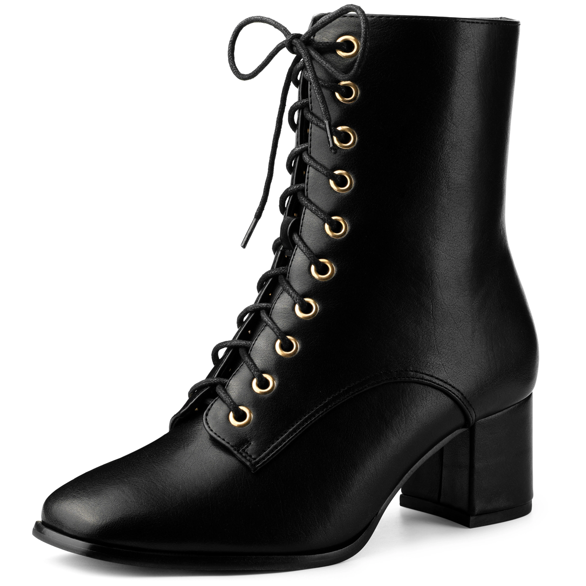 BLISSFUL STEP Women Lace Up Square Toe Chunky Heels Ankle Combat Boots