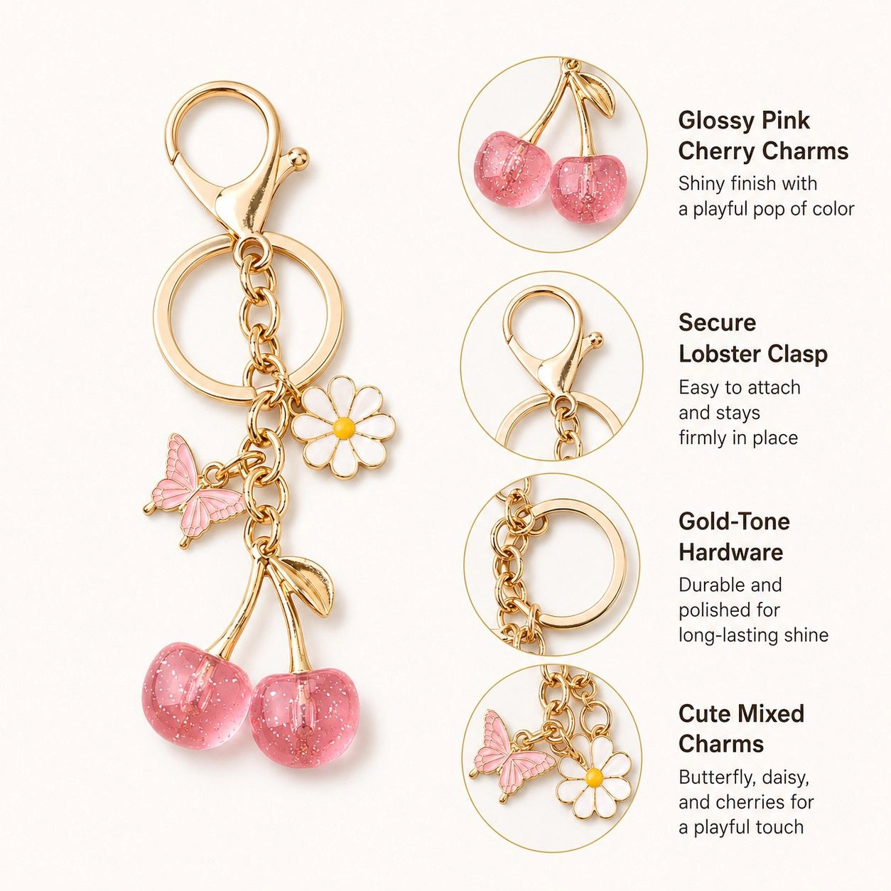Alilang Women's Cherry Bag Charm Keychain with Daisy and Butterfly Accents Gold-Tone Clip, Pink