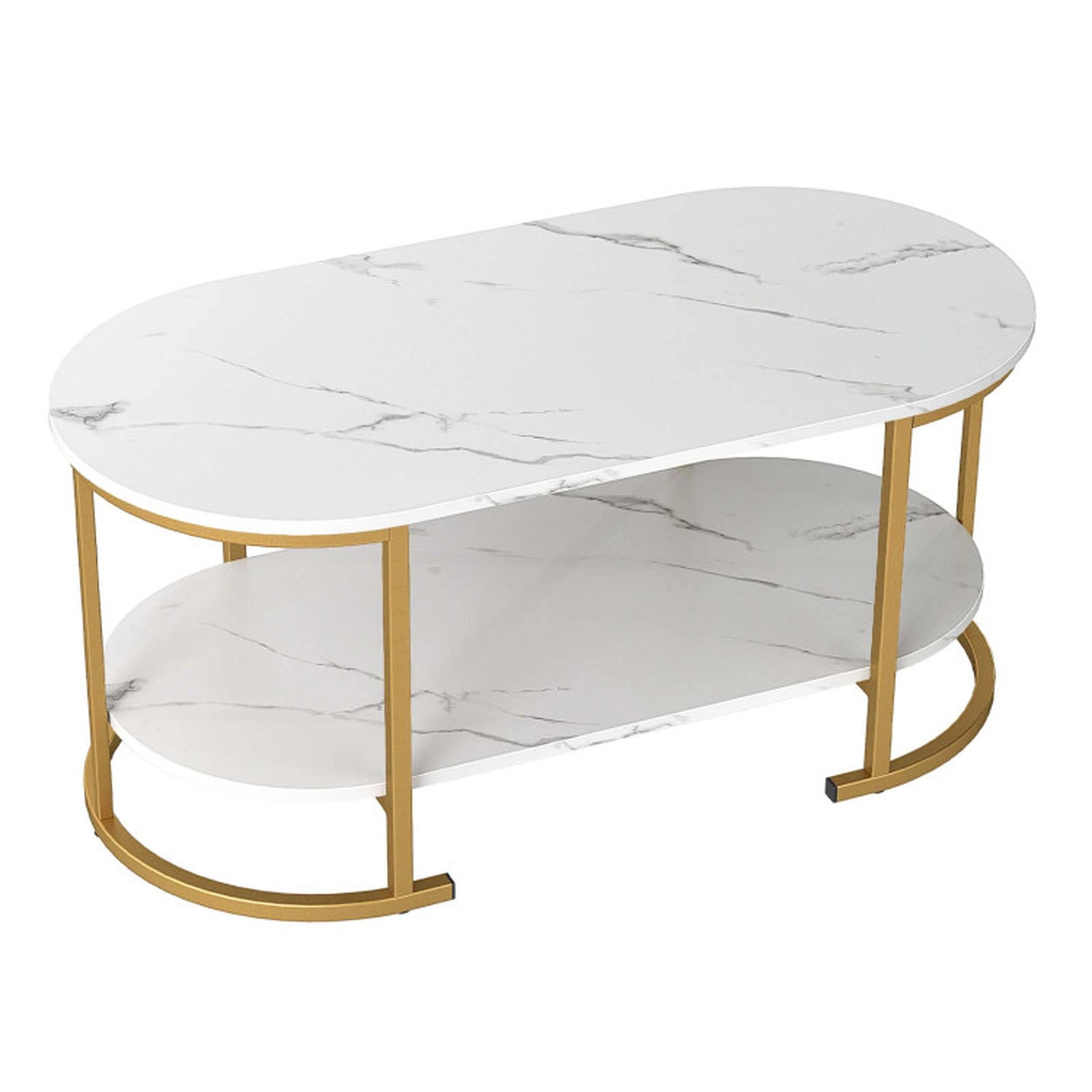 SUGIFT 2-Tier Faux Marble Top Gold Metal Frame Oval Coffee Table 39.5-in x 19.5-in x 18-in 88-lb Capacity White