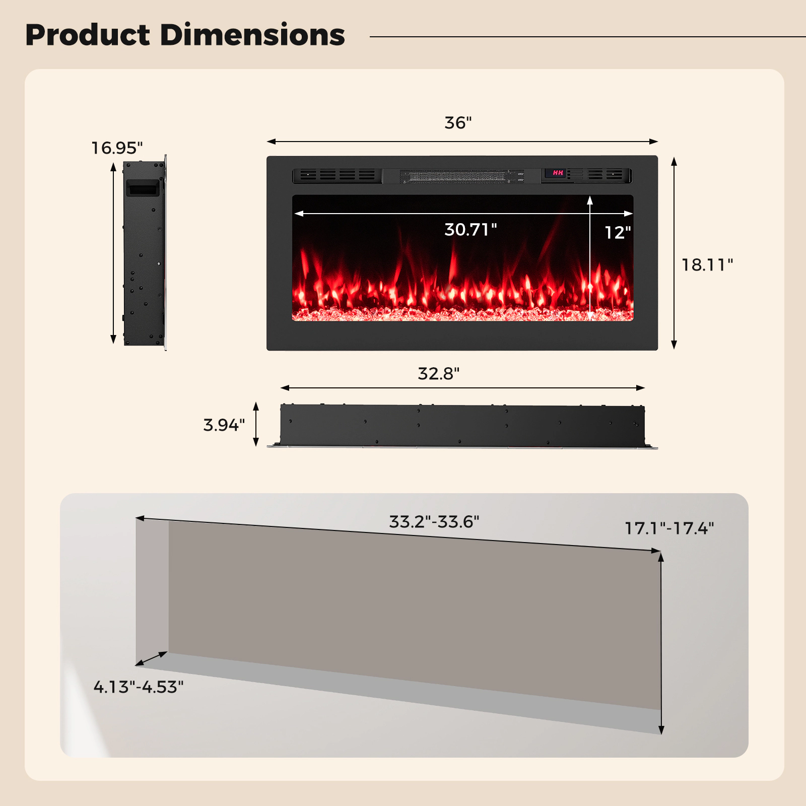 SUGIFT 36-in WiFi App Control 12 Ember Bed Hues Recessed Electric Fireplace 36-in x 3.94-in x 18.11-in 1500W Black