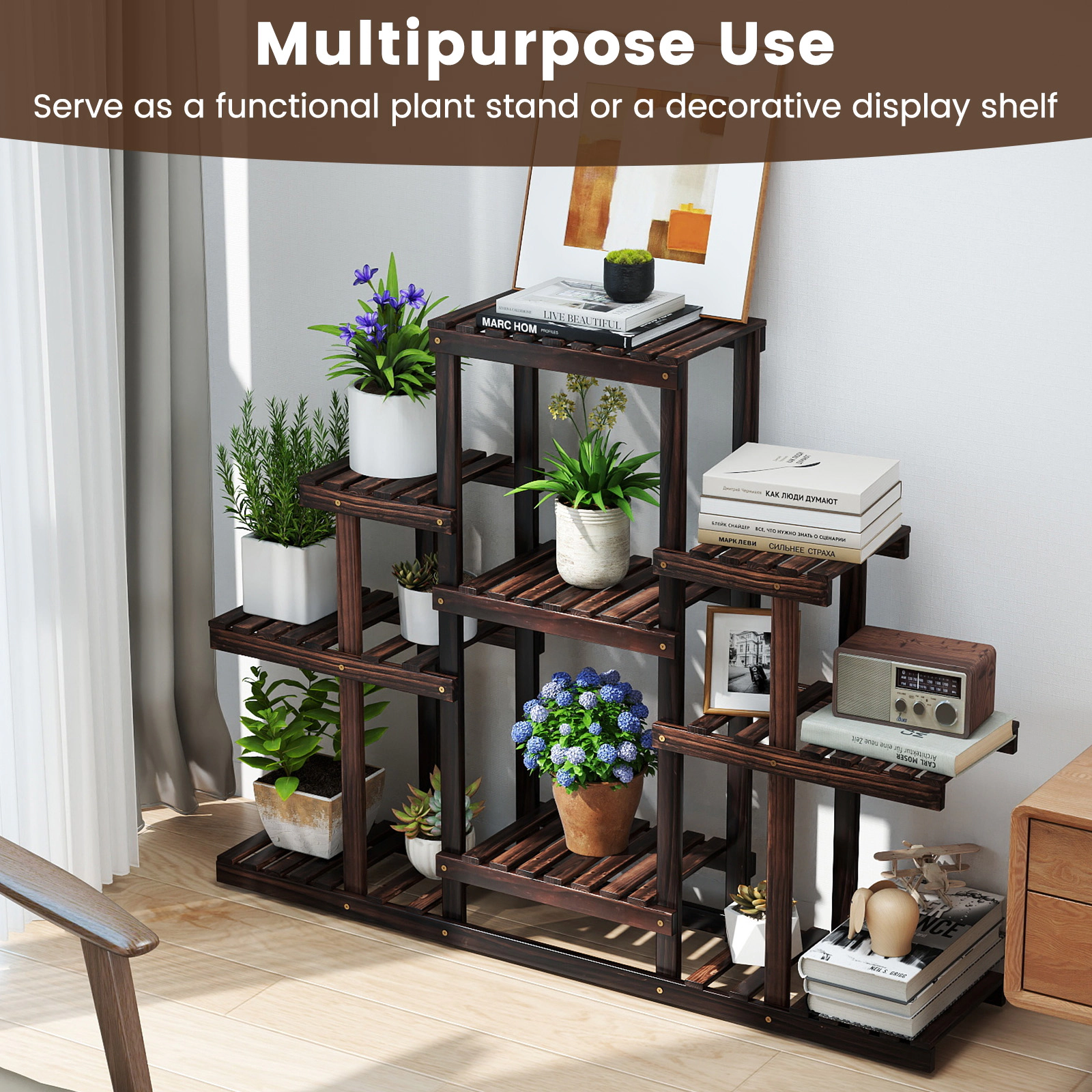 Slickblue 6 Tier Ladder Plant Stand Pine Wood Flower Rack Multi Shelf Indoor Balcony Garden