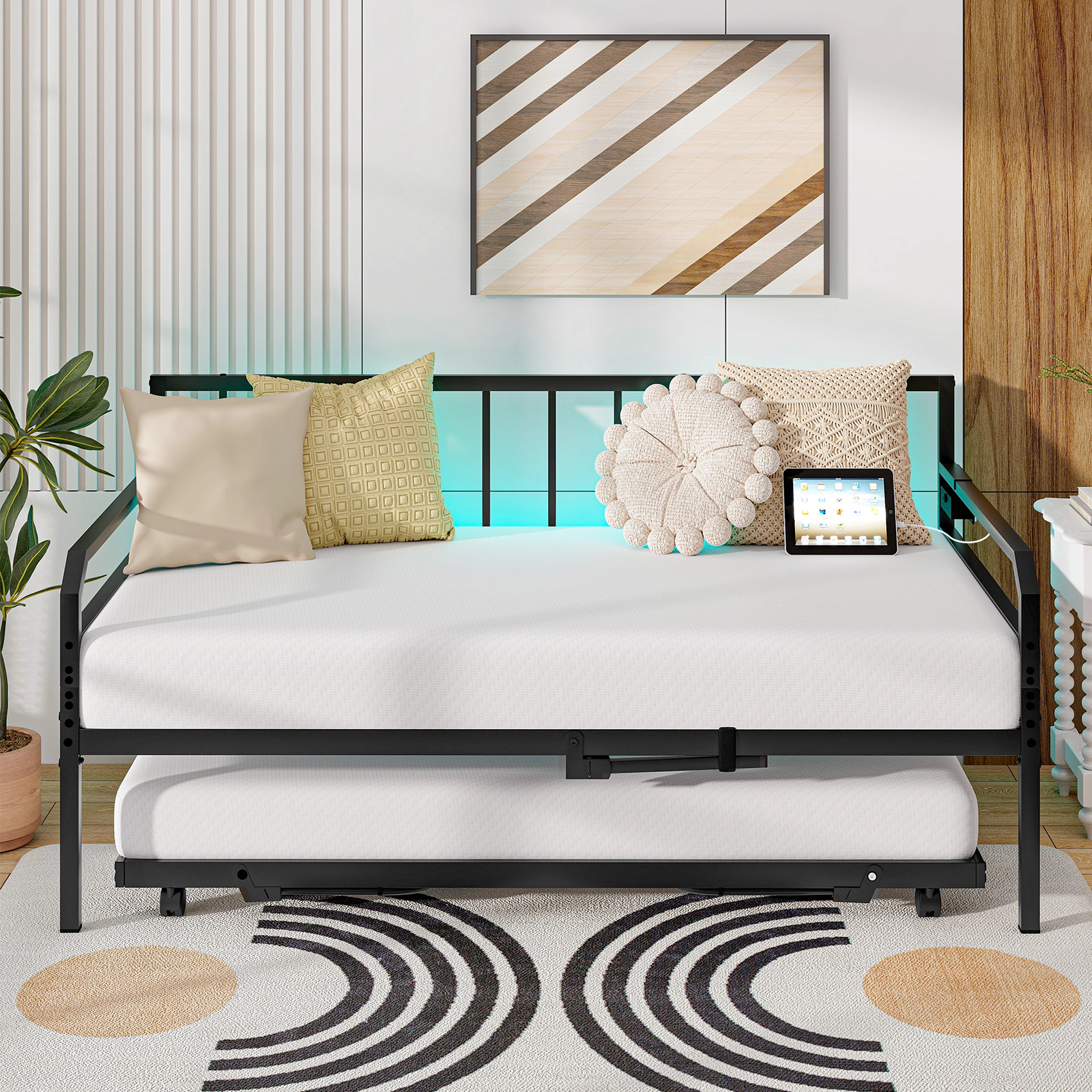 SUGIFT Adjustable Metal Twin Daybed Black with Pop Up Trundle Charging Station and LED